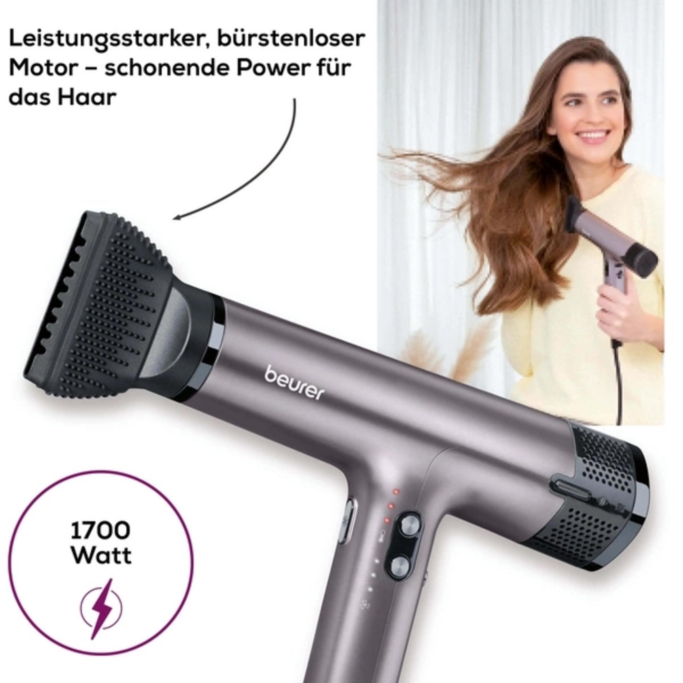 A grey 1700 Watt hairdryer with an attachment.