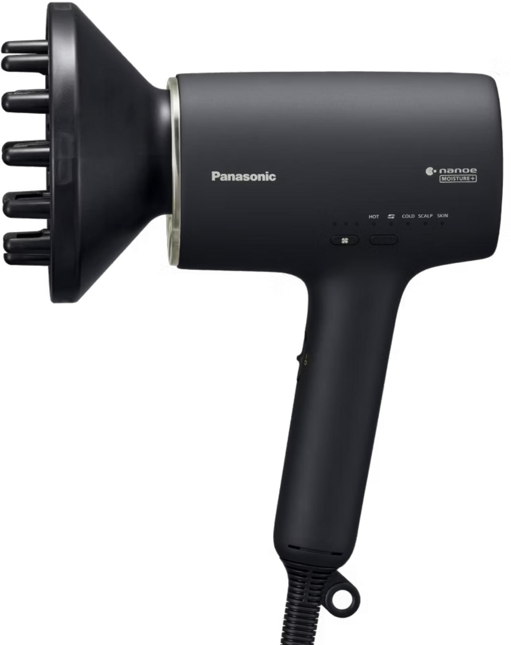 Ein schwarzer Panasonic Haartrockner mit Diffusor-Aufsatz, Nahaufnahme.