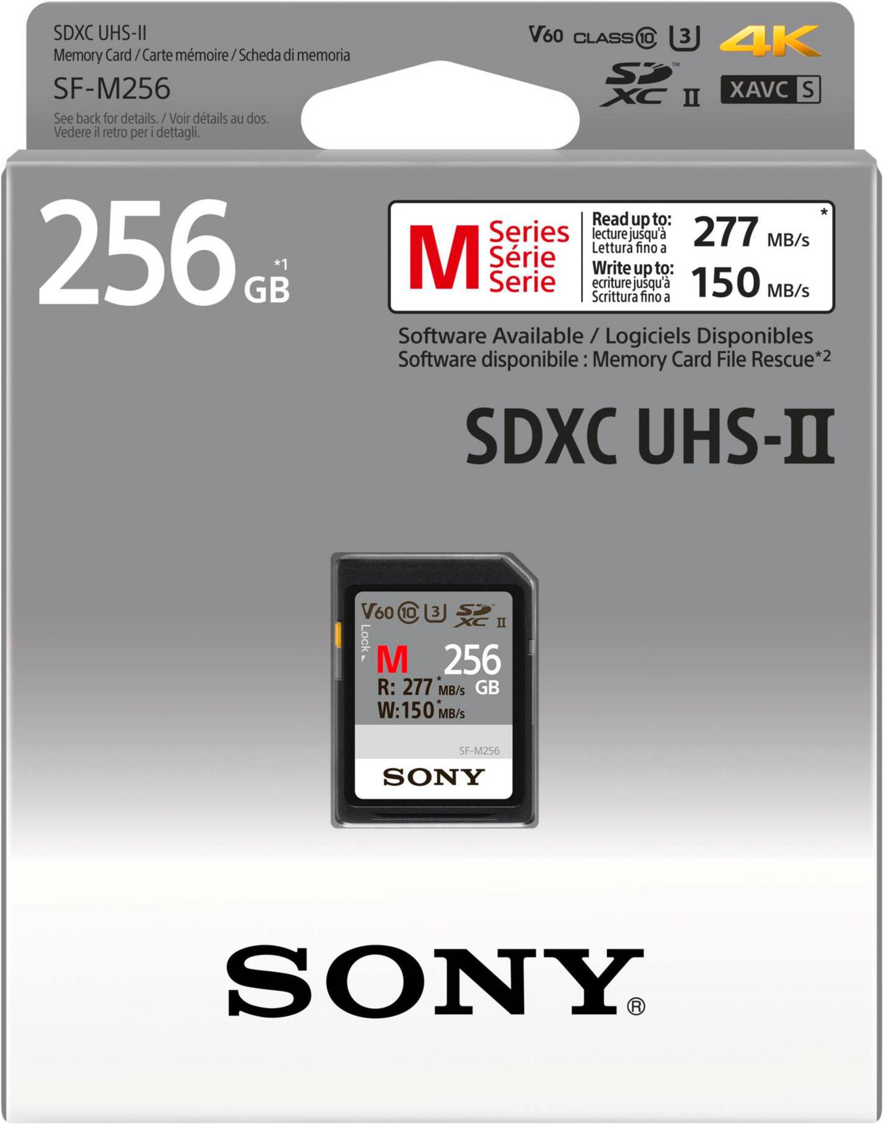 Carte mémoire Sony 256GB SDXC UHS-II avec vitesses de lecture/écriture de 277/150 Mo/s.