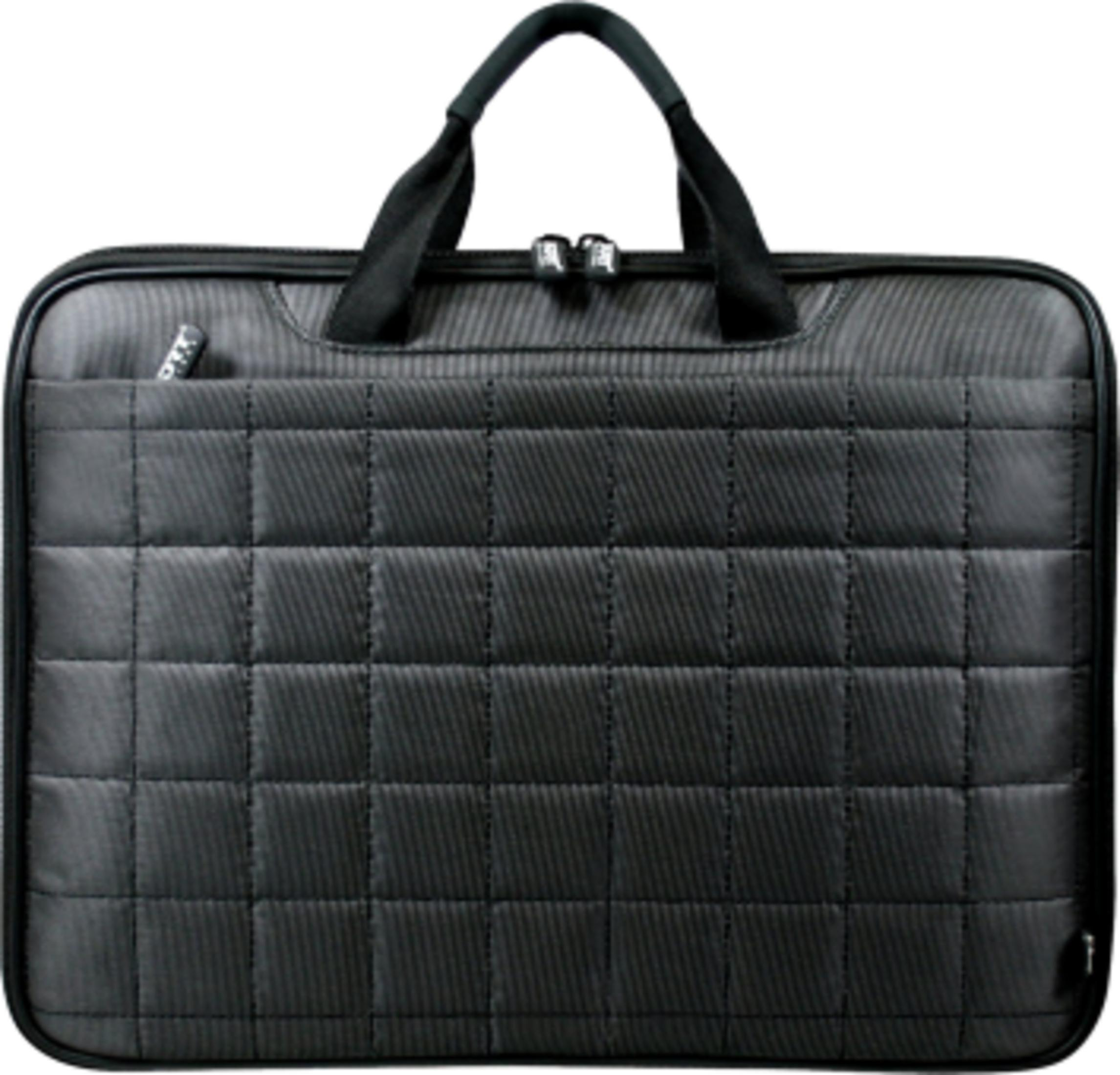Borsa nera per laptop con parte anteriore trapuntata e due manici.