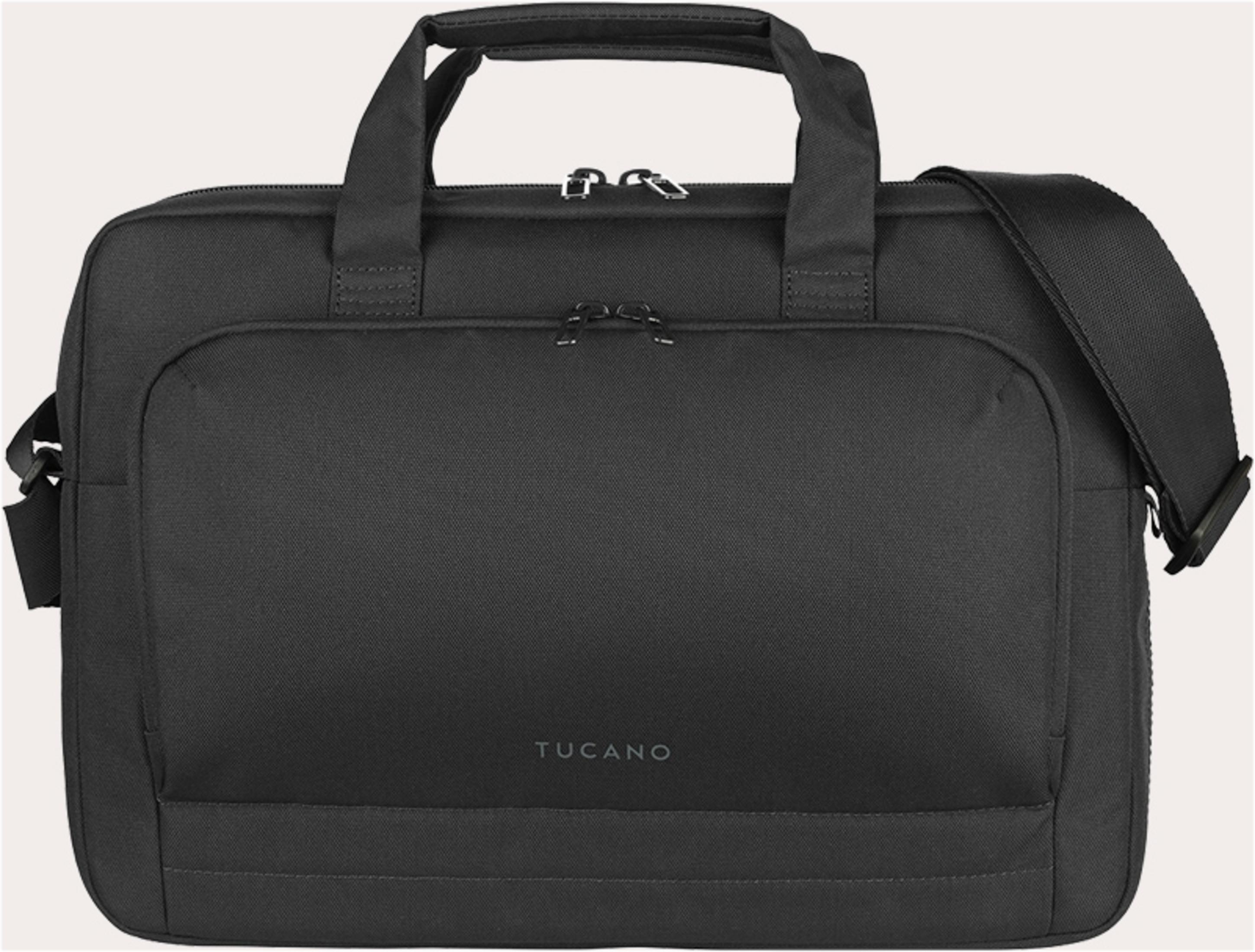 Schwarze Laptoptasche mit zwei Henkeln und einem Schultergurt.