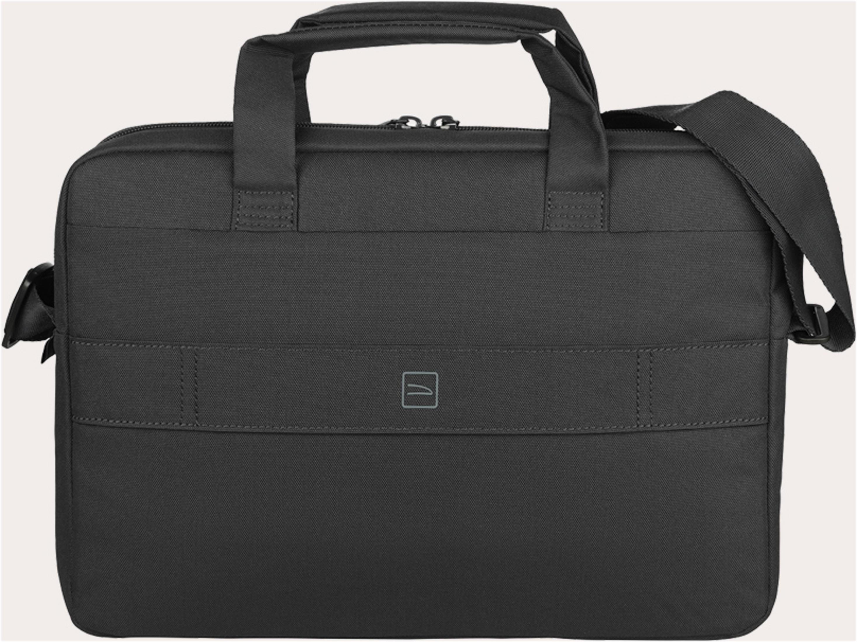 Eine schwarze Laptoptasche mit Tragegriffen und Schultergurt.