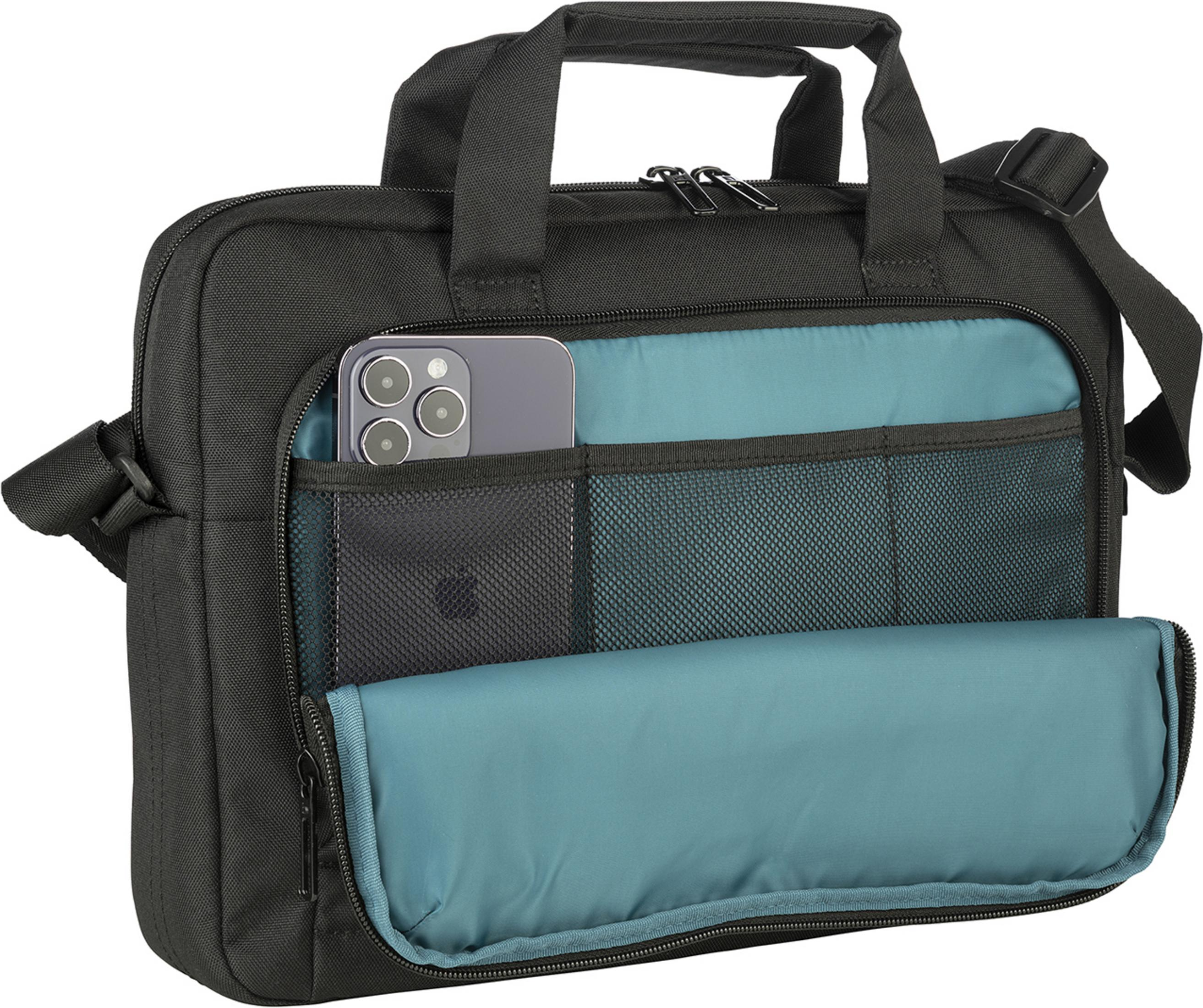 Schwarze Tasche mit offenem Fach, darin ein Smartphone und Netzfächer.