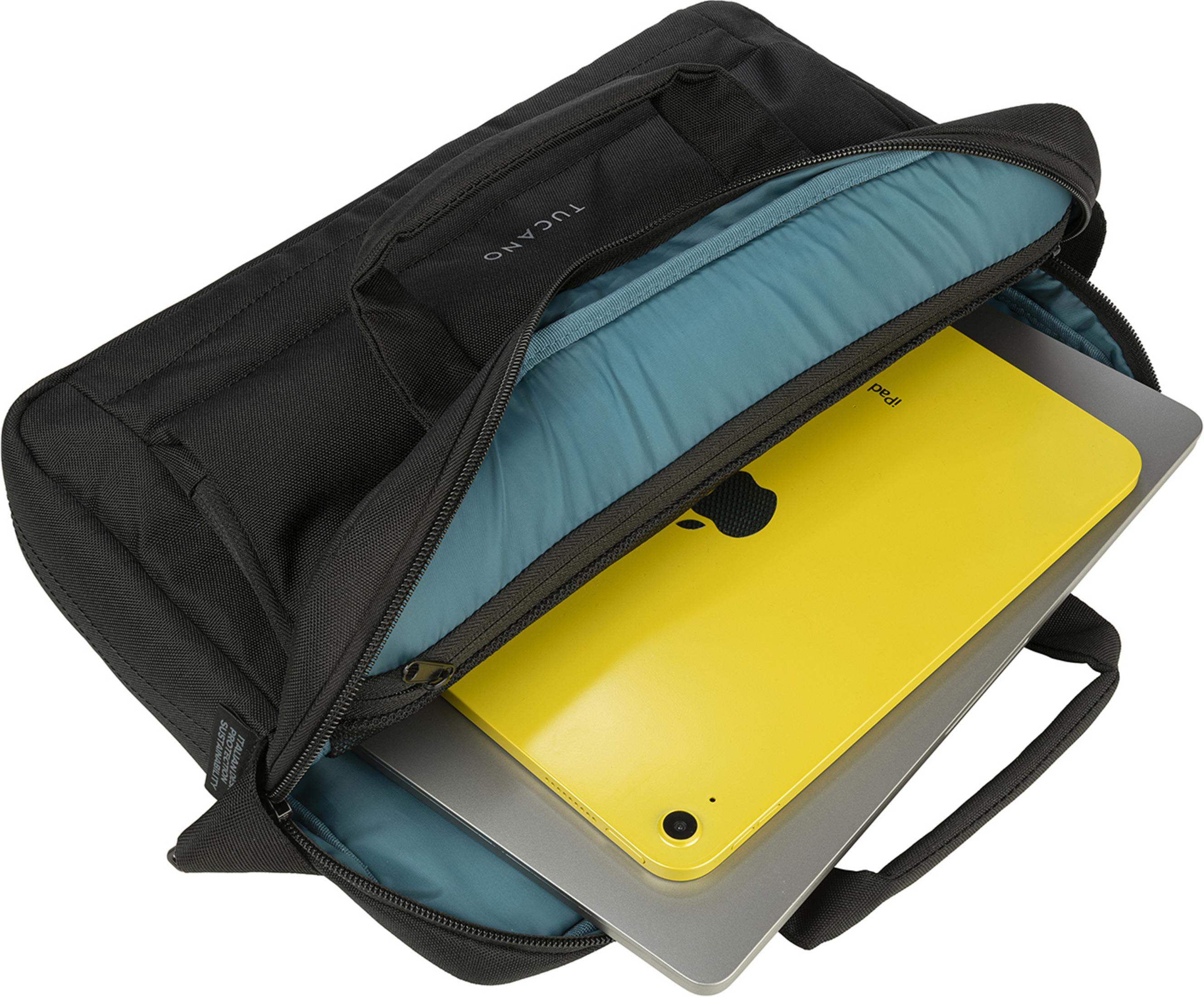 Schwarze Tasche mit blauem Innenfutter, darin ein gelbes iPad und ein Laptop.