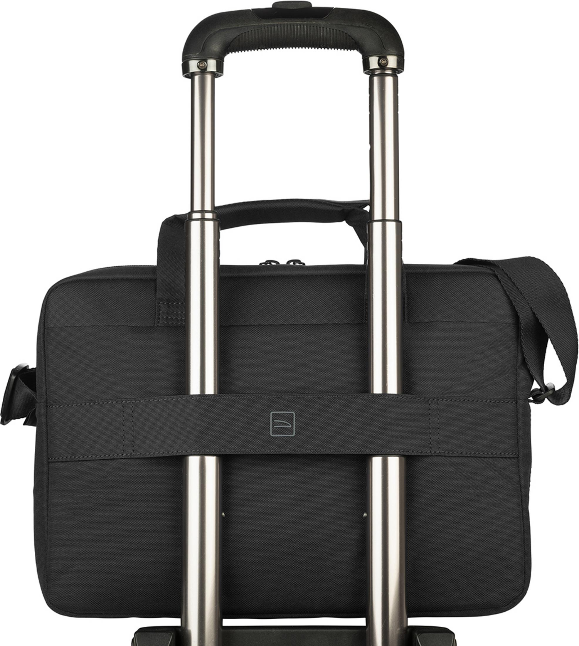 Schwarze Laptoptasche mit silbernem Teleskopgriff und Tragegriff.