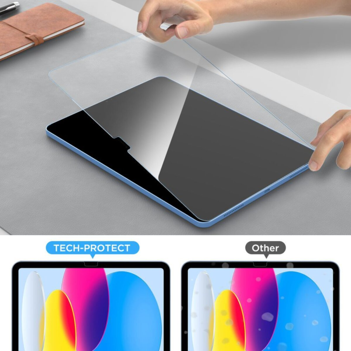 Een persoon brengt een schermprotector aan op een blauwe tablet.