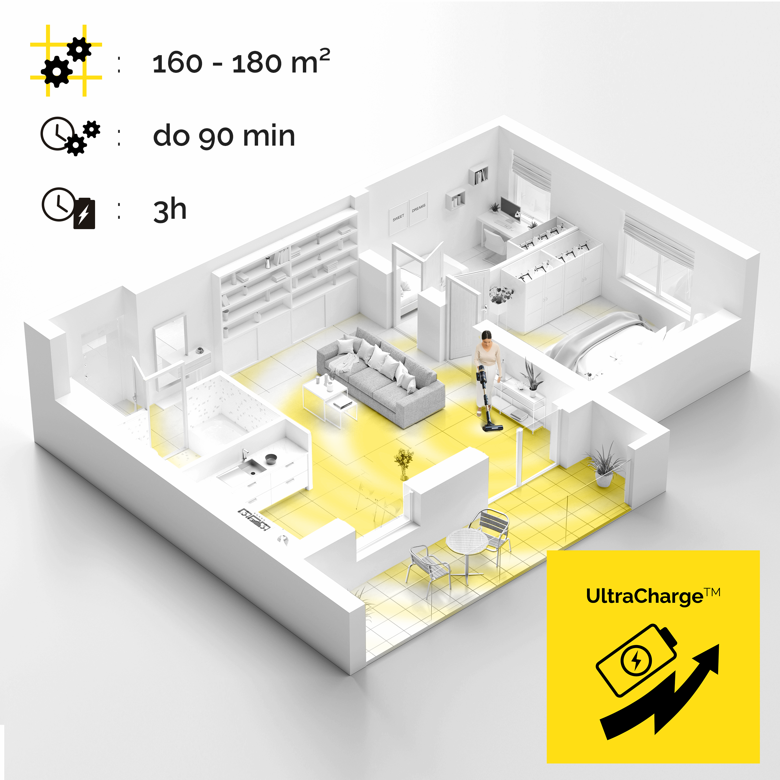 Minimalistyczny widok 3D nowoczesnego apartamentu z żółtymi akcentami.