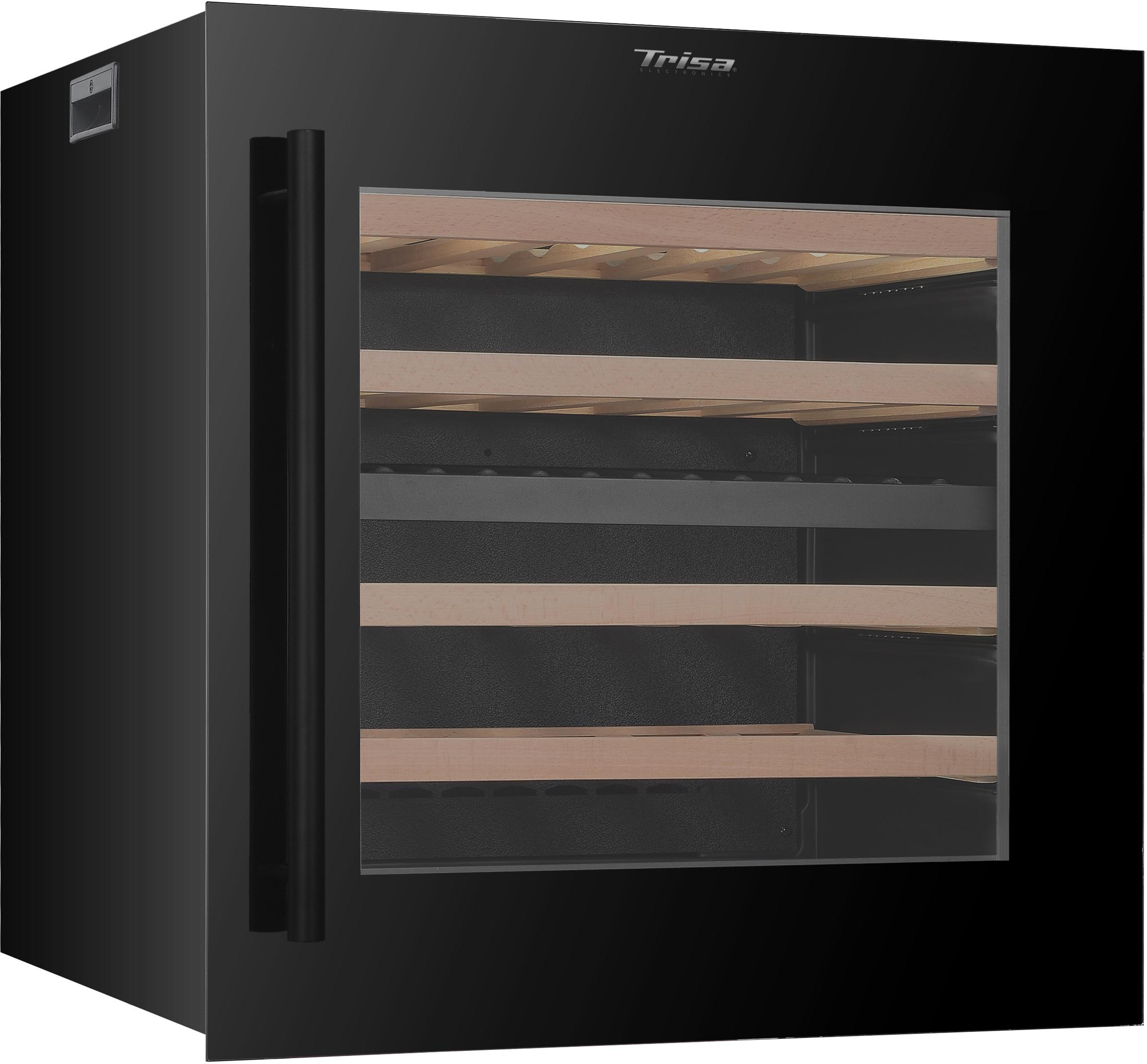 Schwarzer Weinkühlschrank mit Glastür und Holzböden.