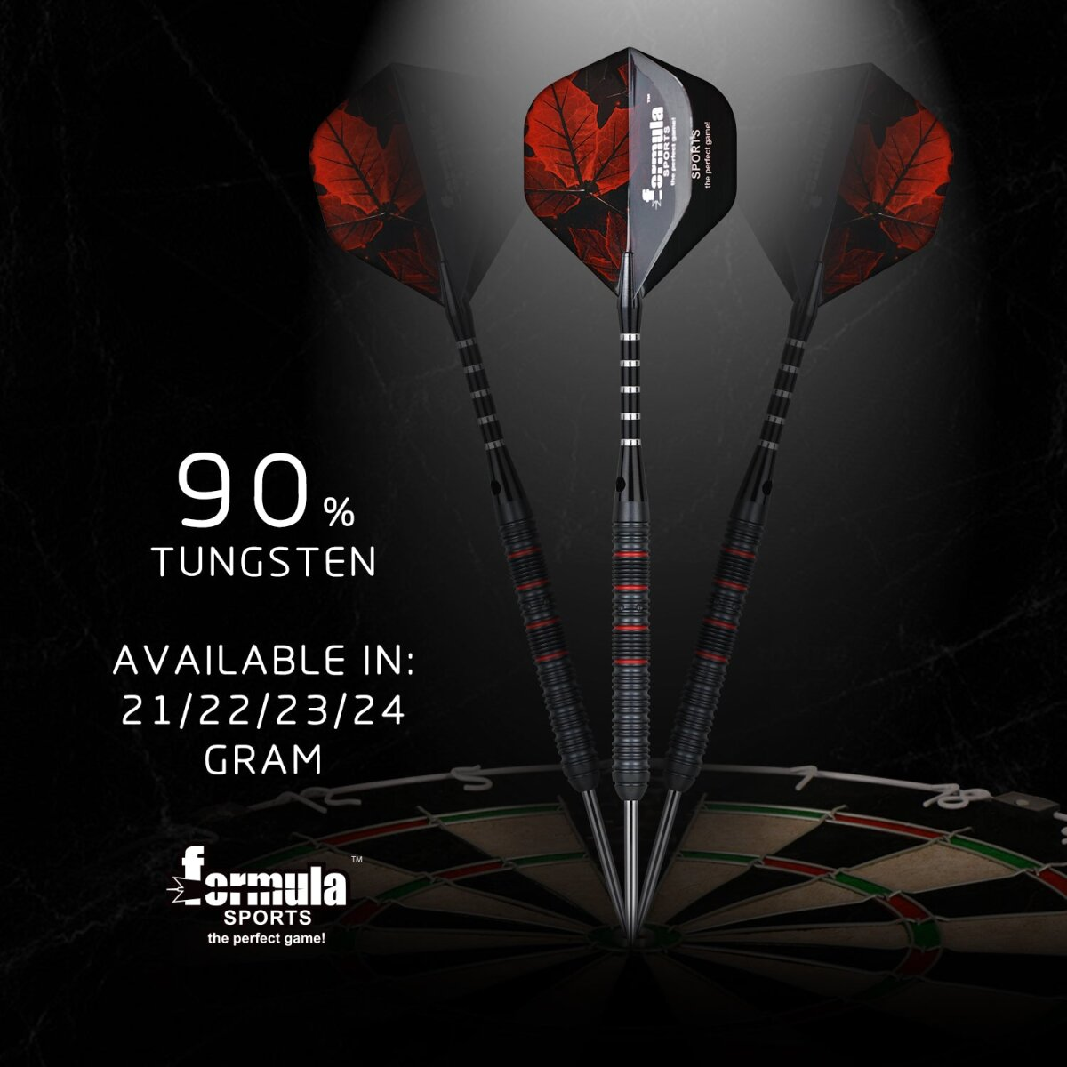 Three black darts with red leaf motifs on a dartboard.