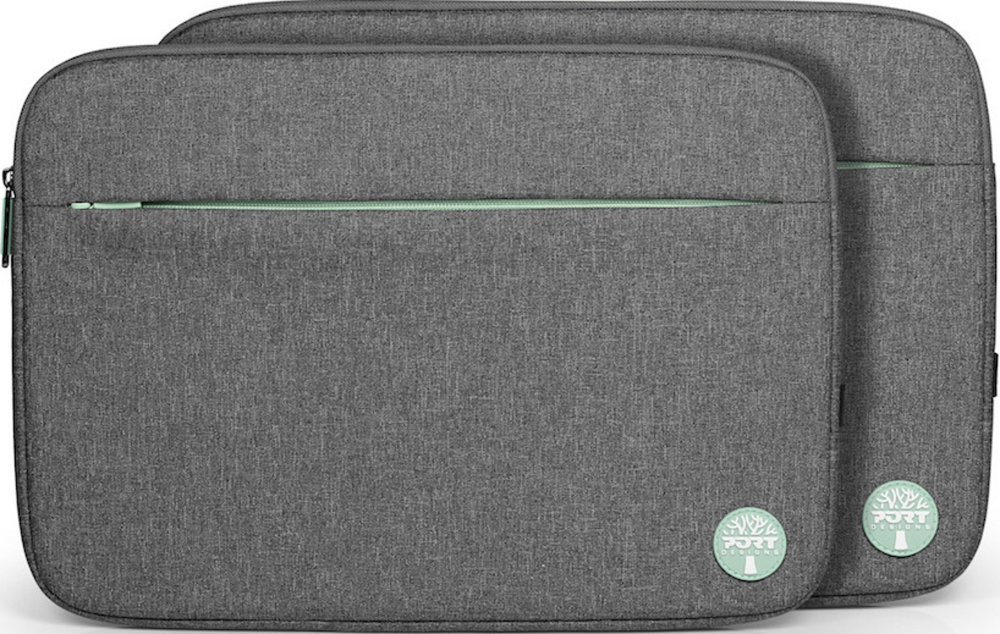 Due custodie grigie per laptop con cerniera verde menta e logo.