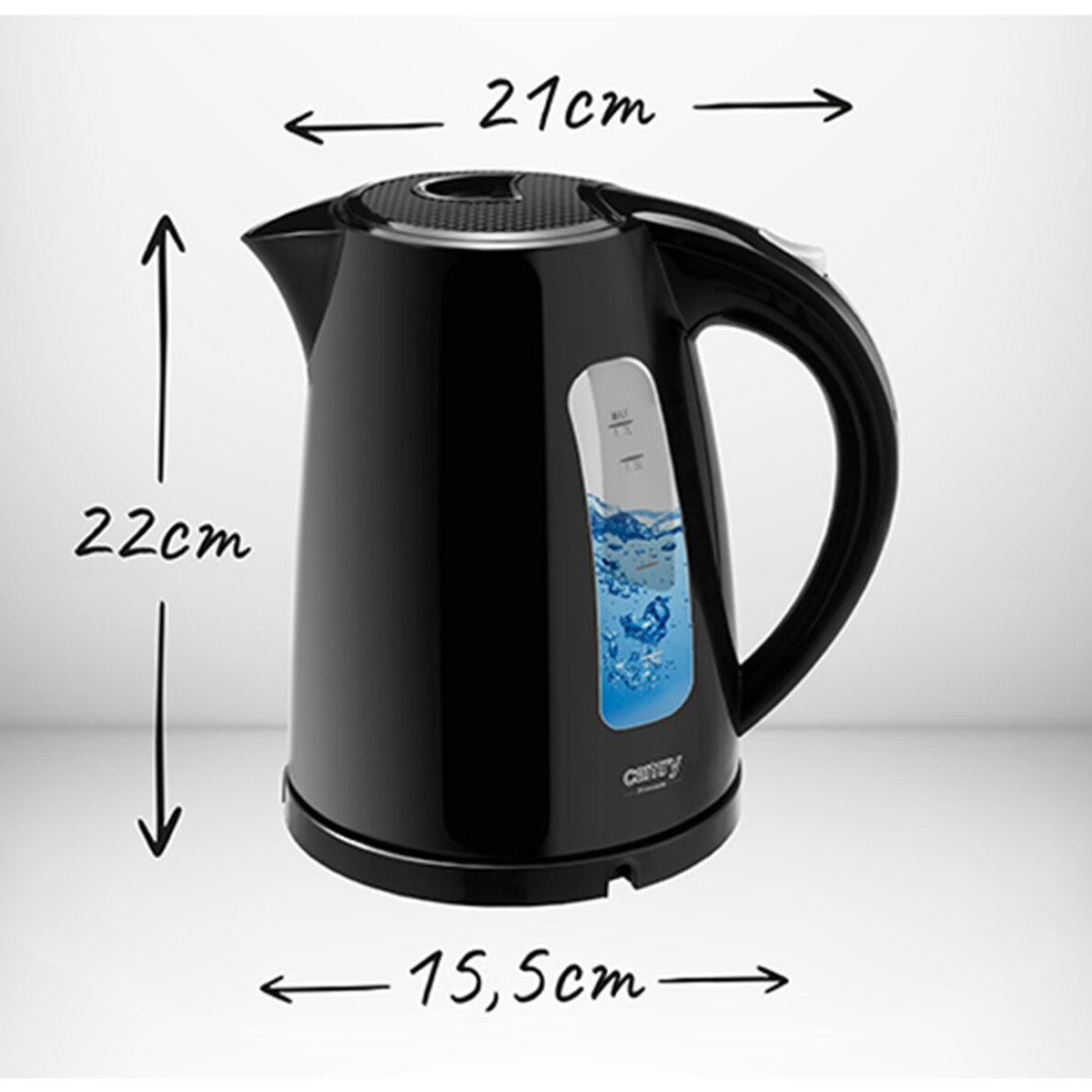 Czajnik elektryczny czarny z wymiarami: 22cm wys., 21cm szer., 15,5cm gł.