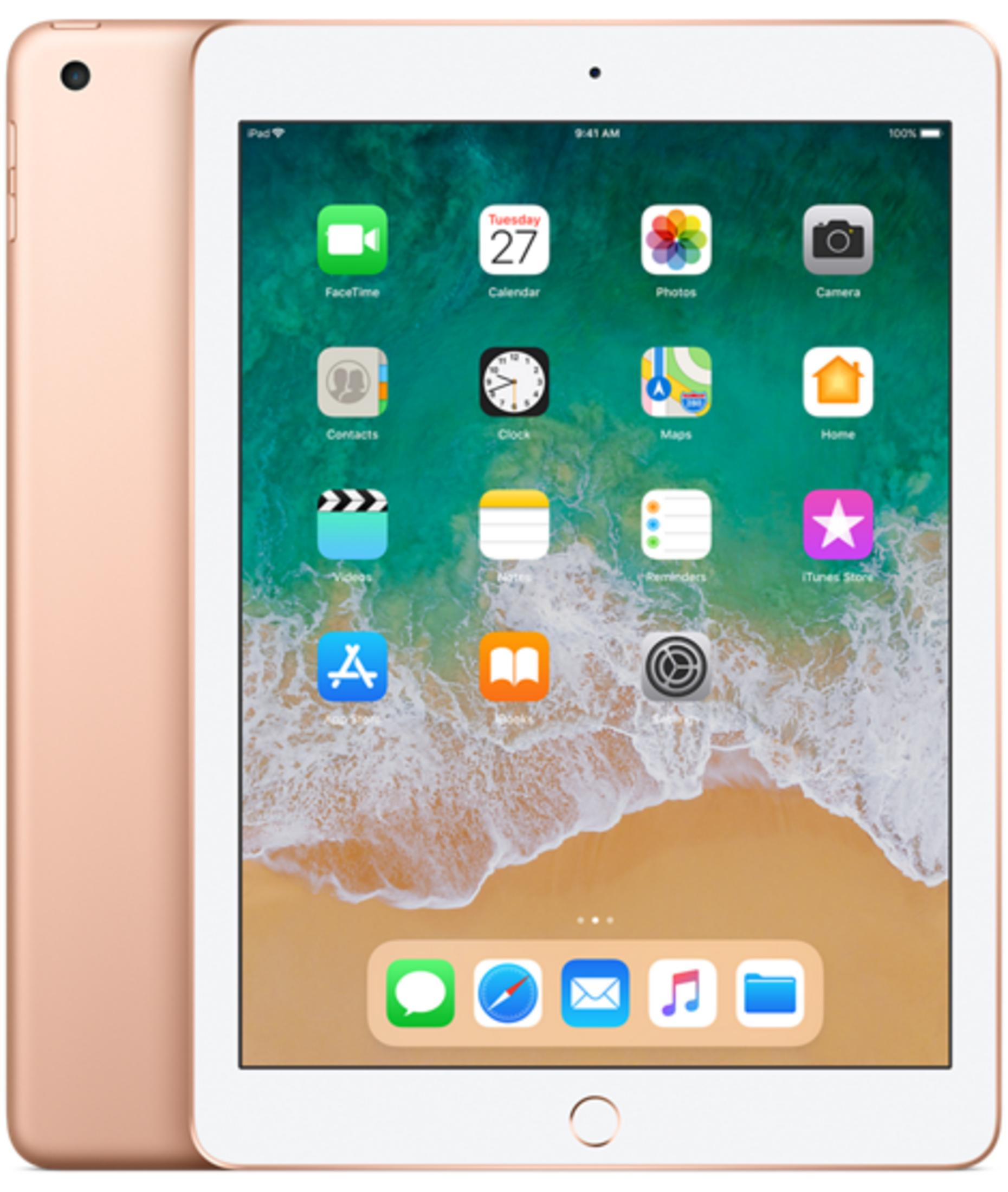 iPad oro con sfondo spiaggia e icone app. Viste frontale e posteriore.