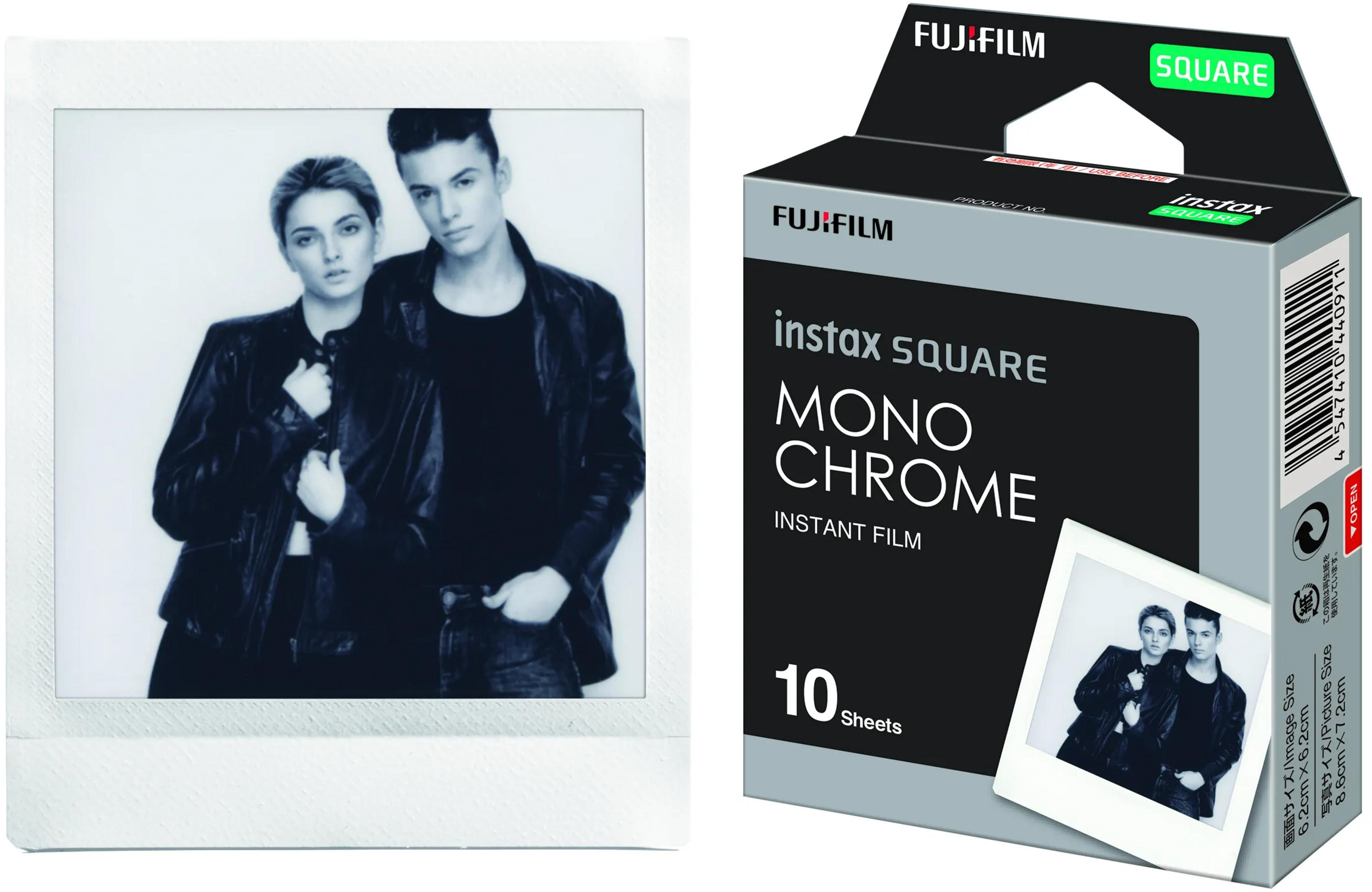Fujifilm Instax Square Mono Chrome film box next to a Polaroid photo of a couple.