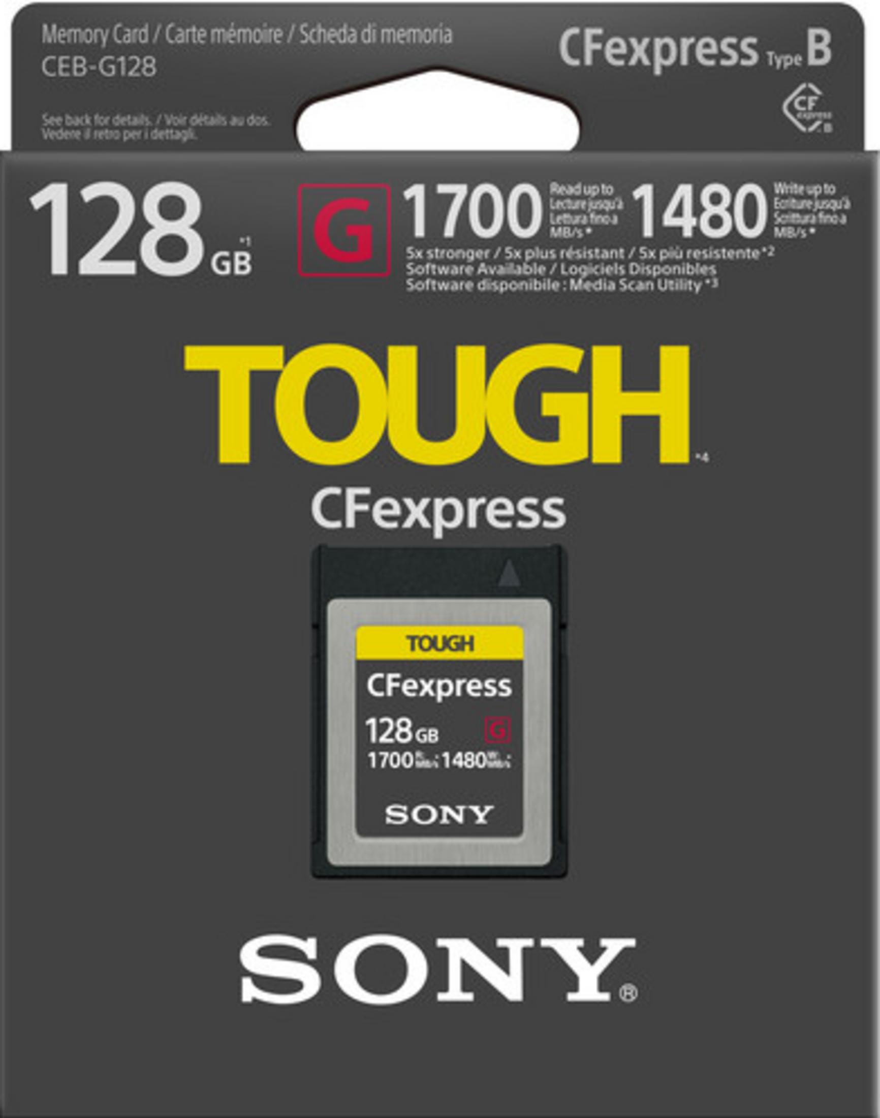 Sony CFexpress Type B 128GB Speicherkarte mit TOUGH-Aufdruck und Geschwindigkeitsangaben.