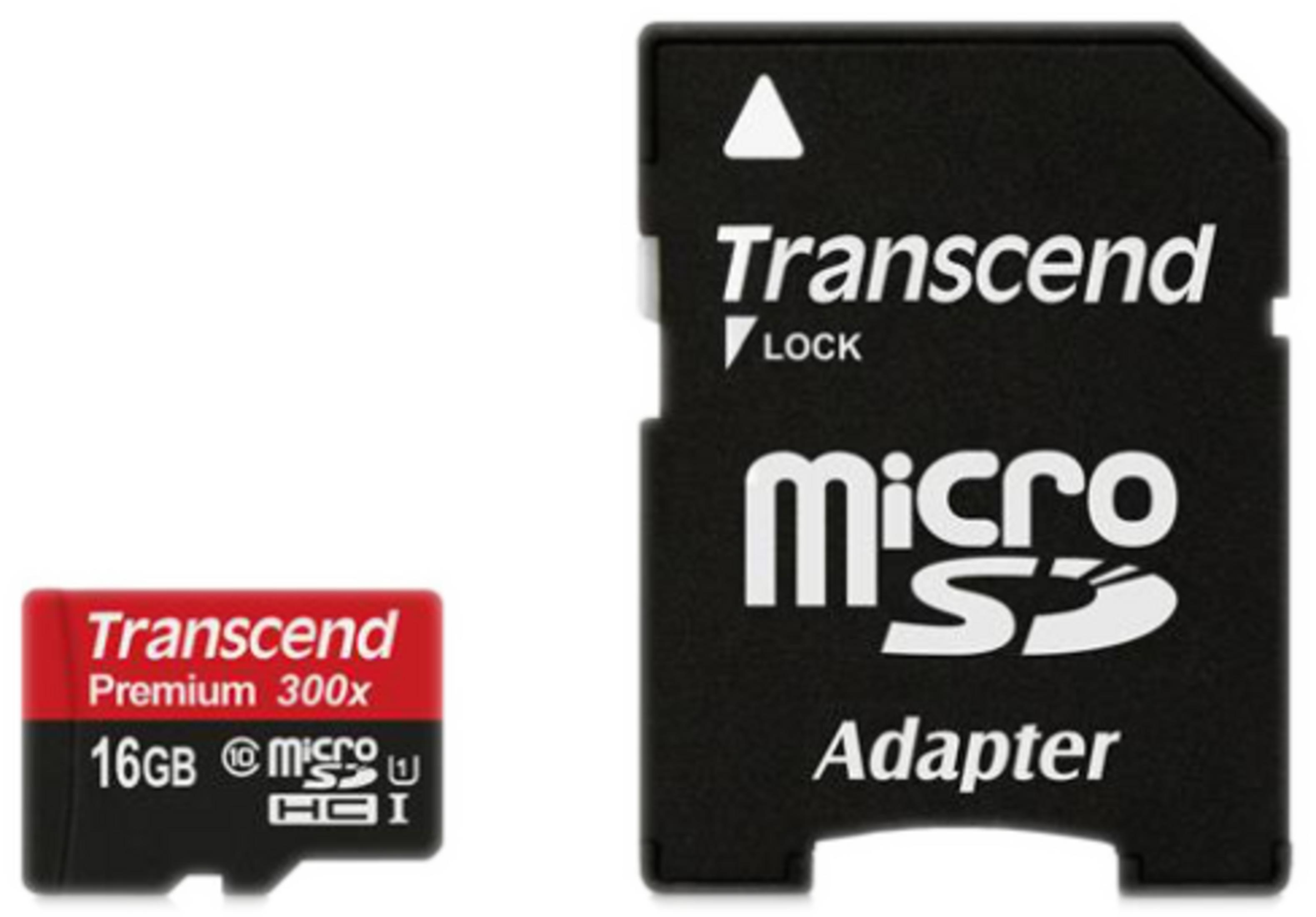 Un adaptateur MicroSD noir et une carte MicroSD rouge de 16 Go.