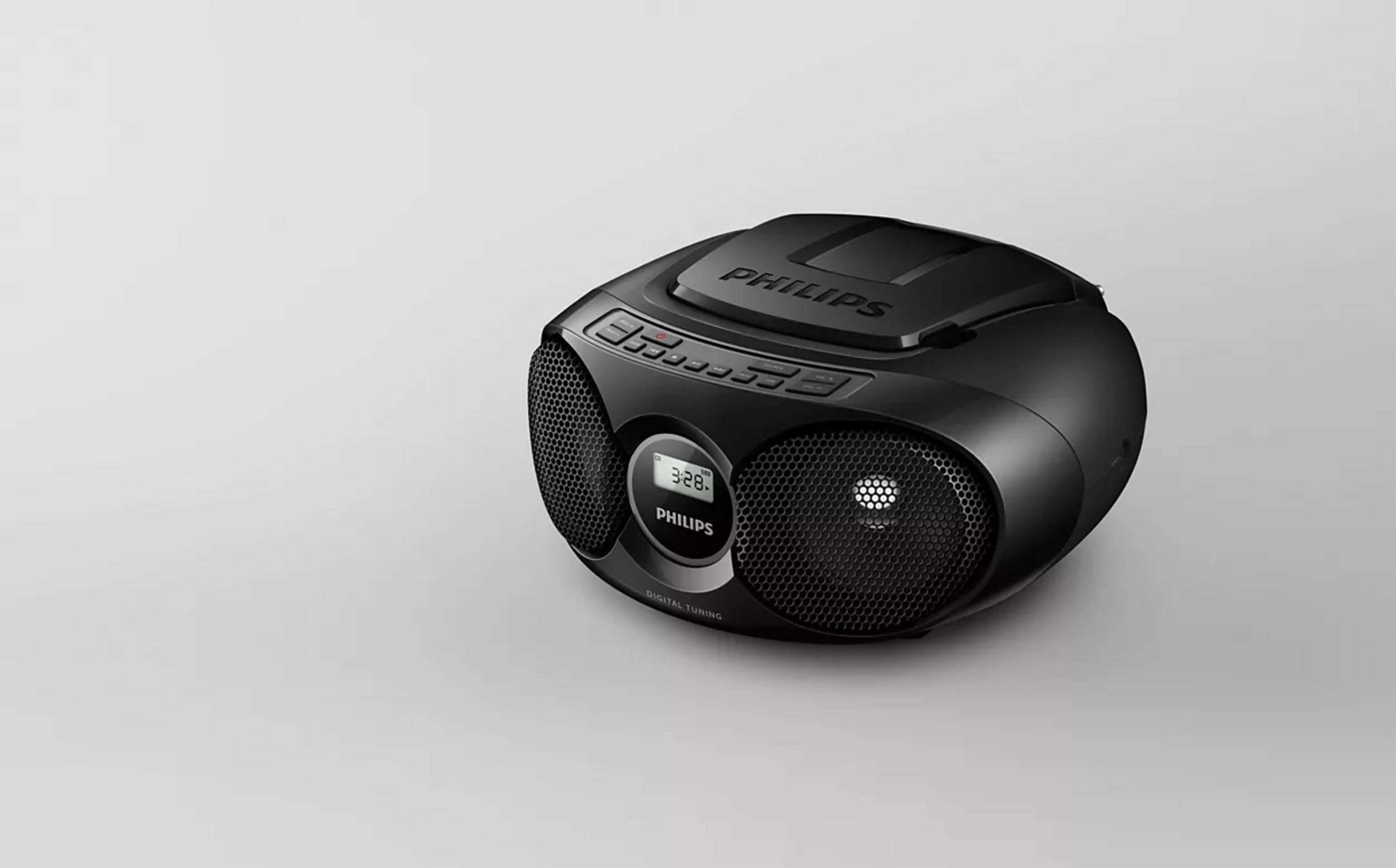 Reproductor de CD Philips negro con altavoces y pantalla digital.