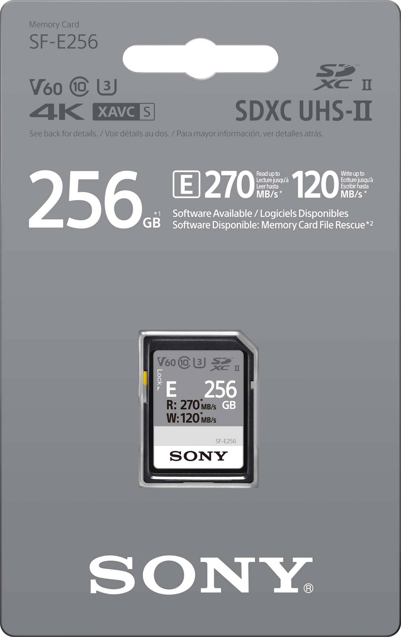 Tarjeta de memoria Sony SF-E256 SDXC UHS-II con 256 GB de capacidad.