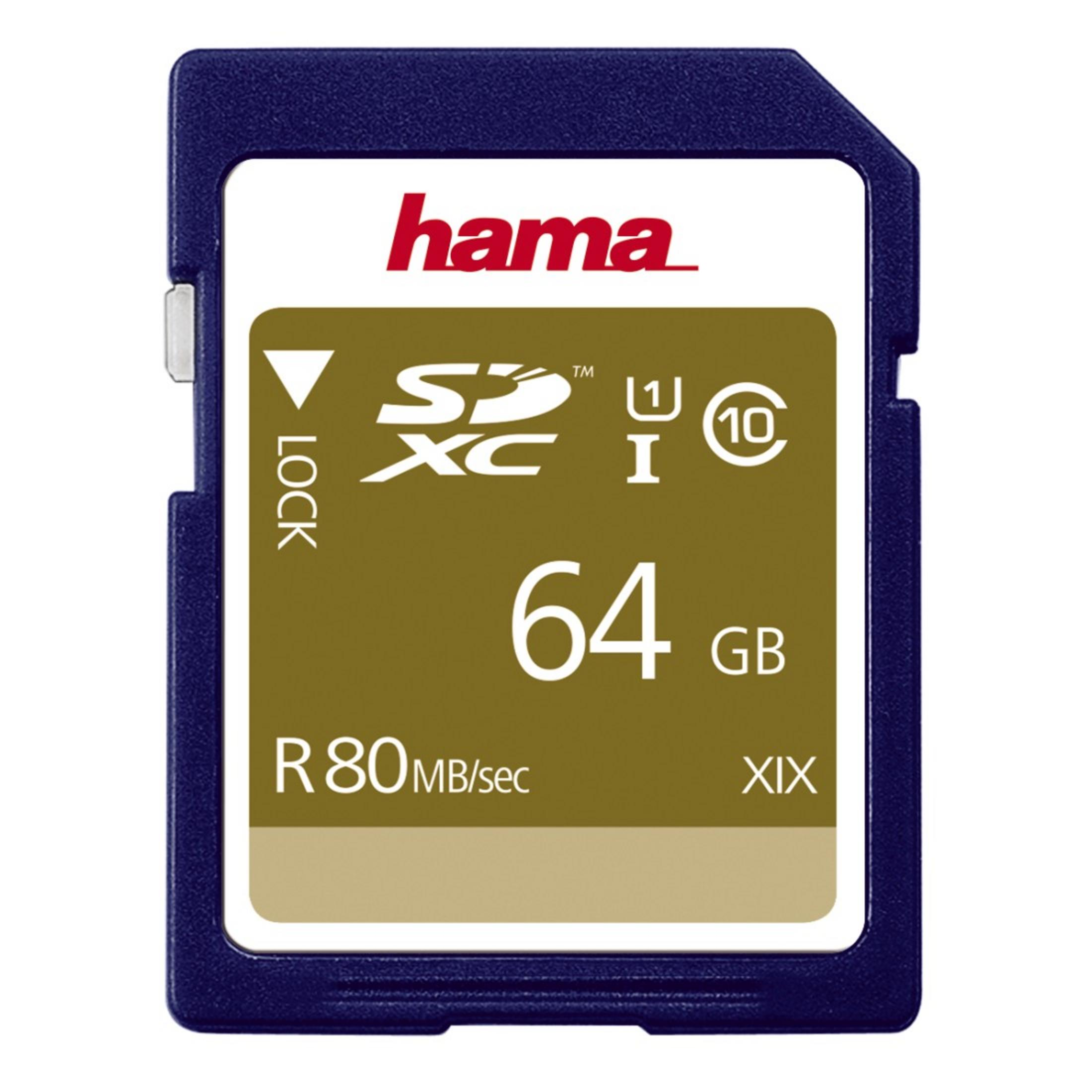 Hama SDXC Speicherkarte, 64 GB, blau mit goldener Beschriftung.