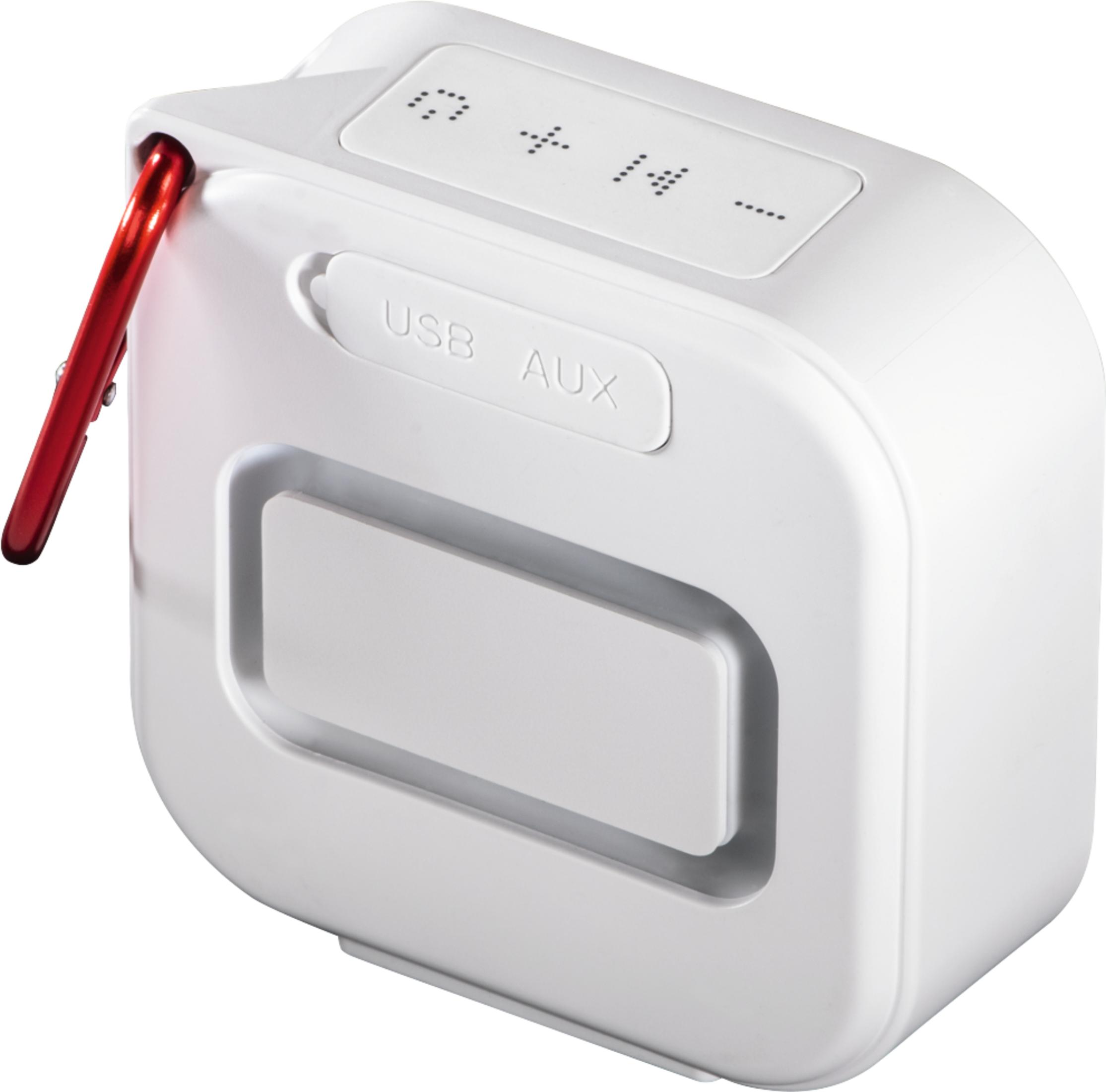 Altoparlante bianco a cubo con moschettone rosso e pulsanti di controllo.