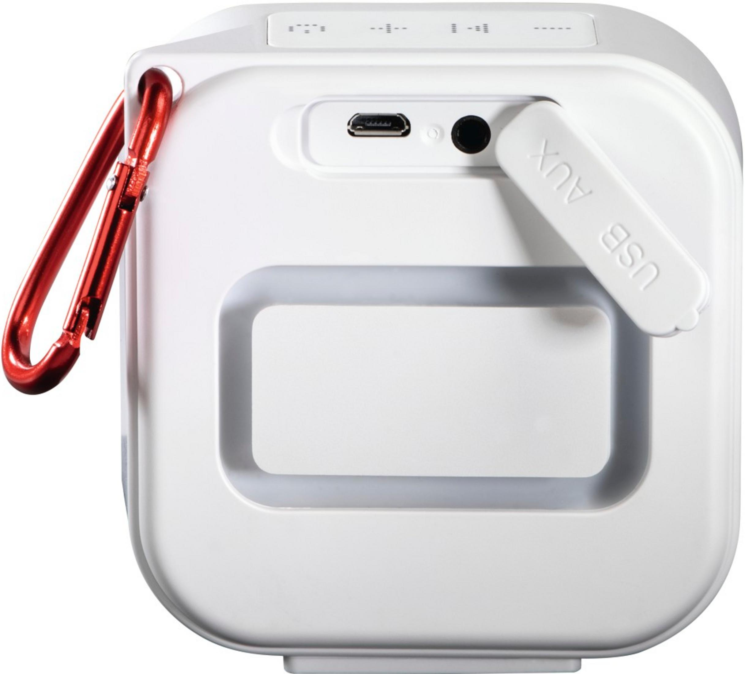 Altoparlante bianco con moschettone rosso, porte USB/AUX e indicatore di carica.