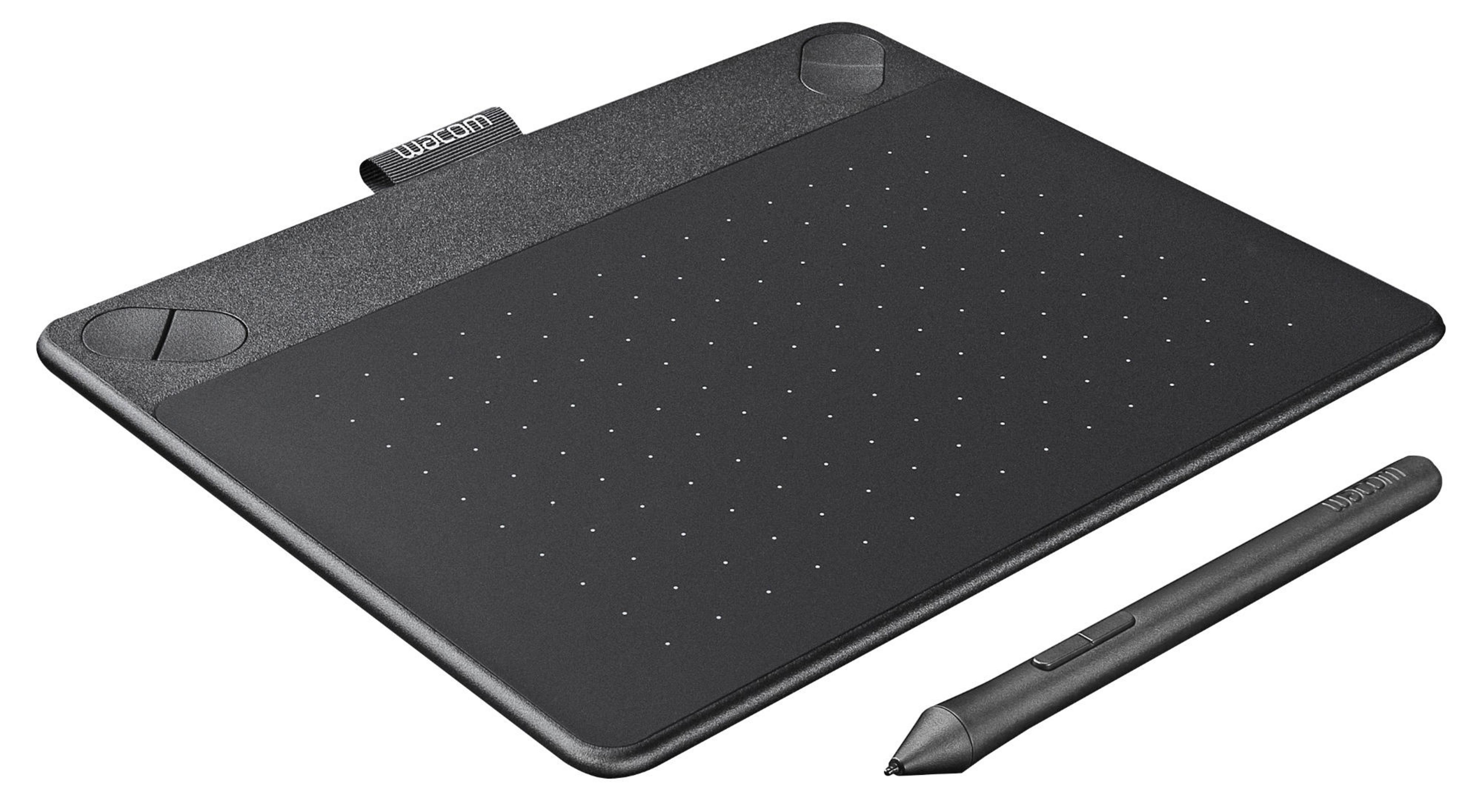 Ein schwarzes Wacom Grafiktablett mit Stift, auf weißem Hintergrund.