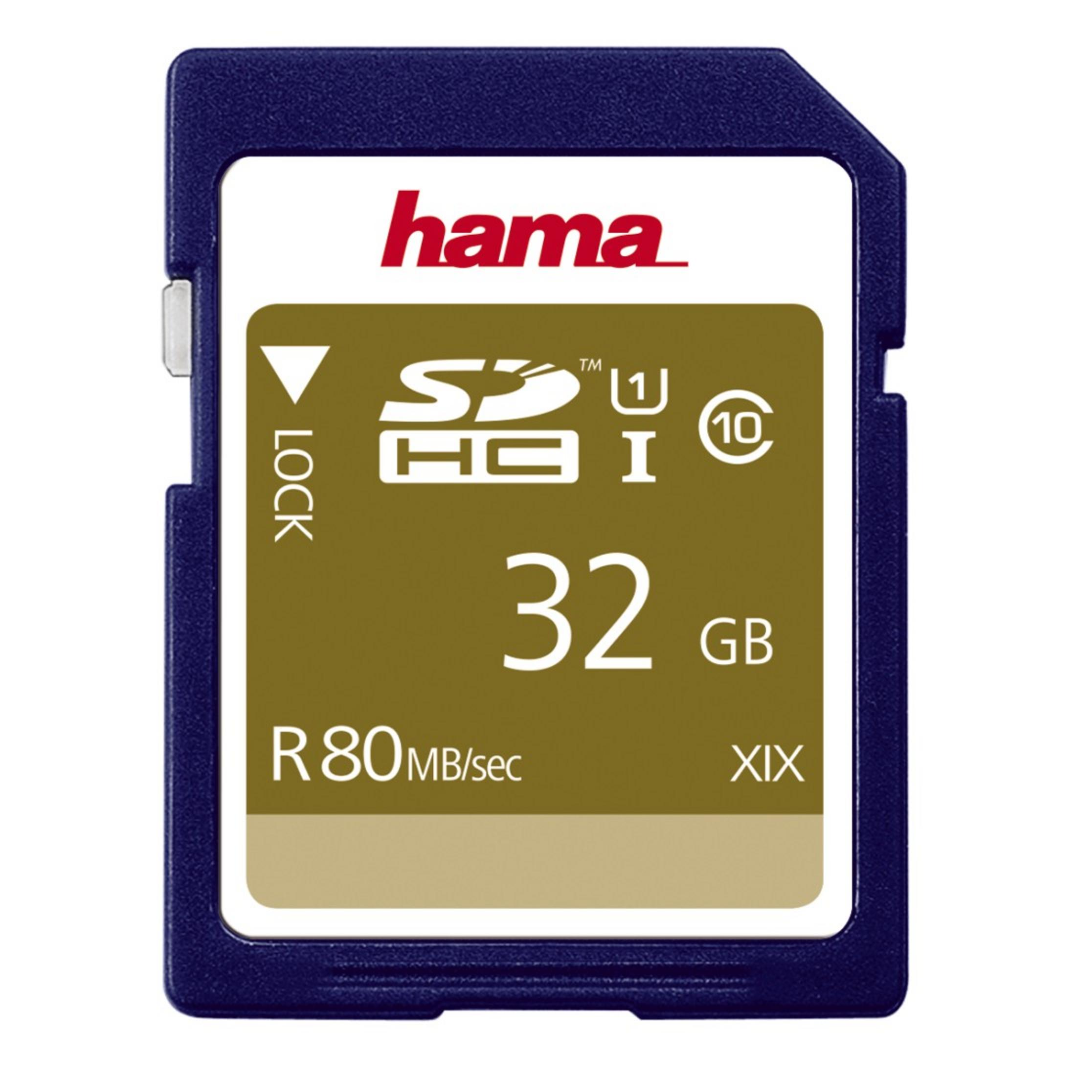 Eine blaue Hama SDHC-Speicherkarte mit 32 GB Speicherkapazität und 80 MB/s Lesegeschwindigkeit.