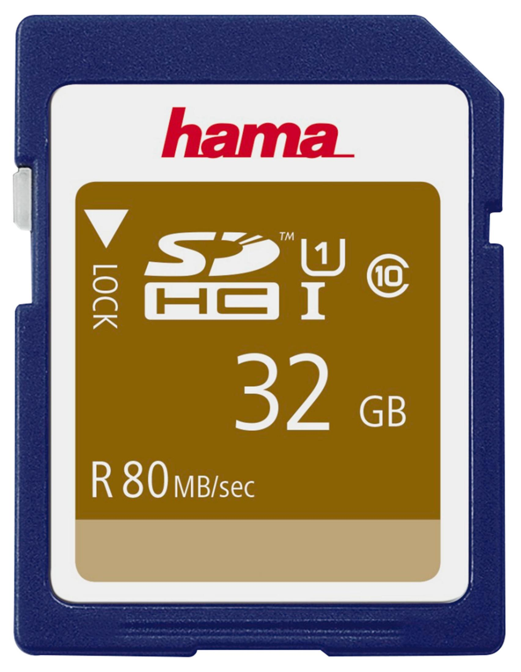 Hama SDHC Speicherkarte, 32GB, blau mit weißer und goldener Vorderseite.