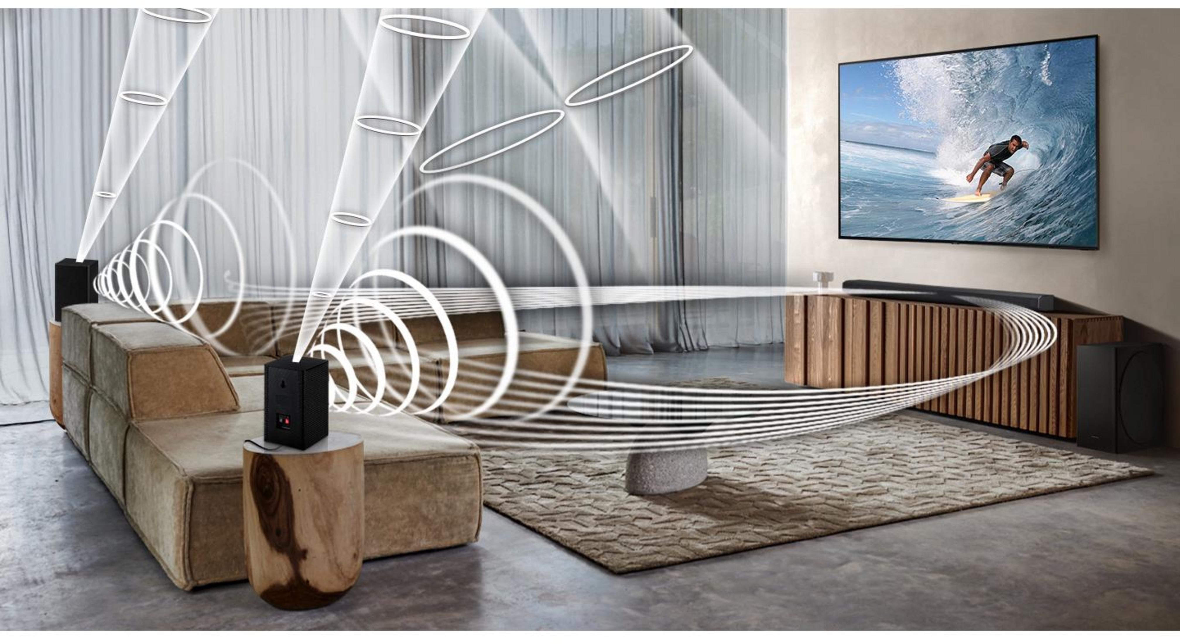 Wohnzimmer mit Sofa, Fernseher, Lautsprechern und Lichtwellen.