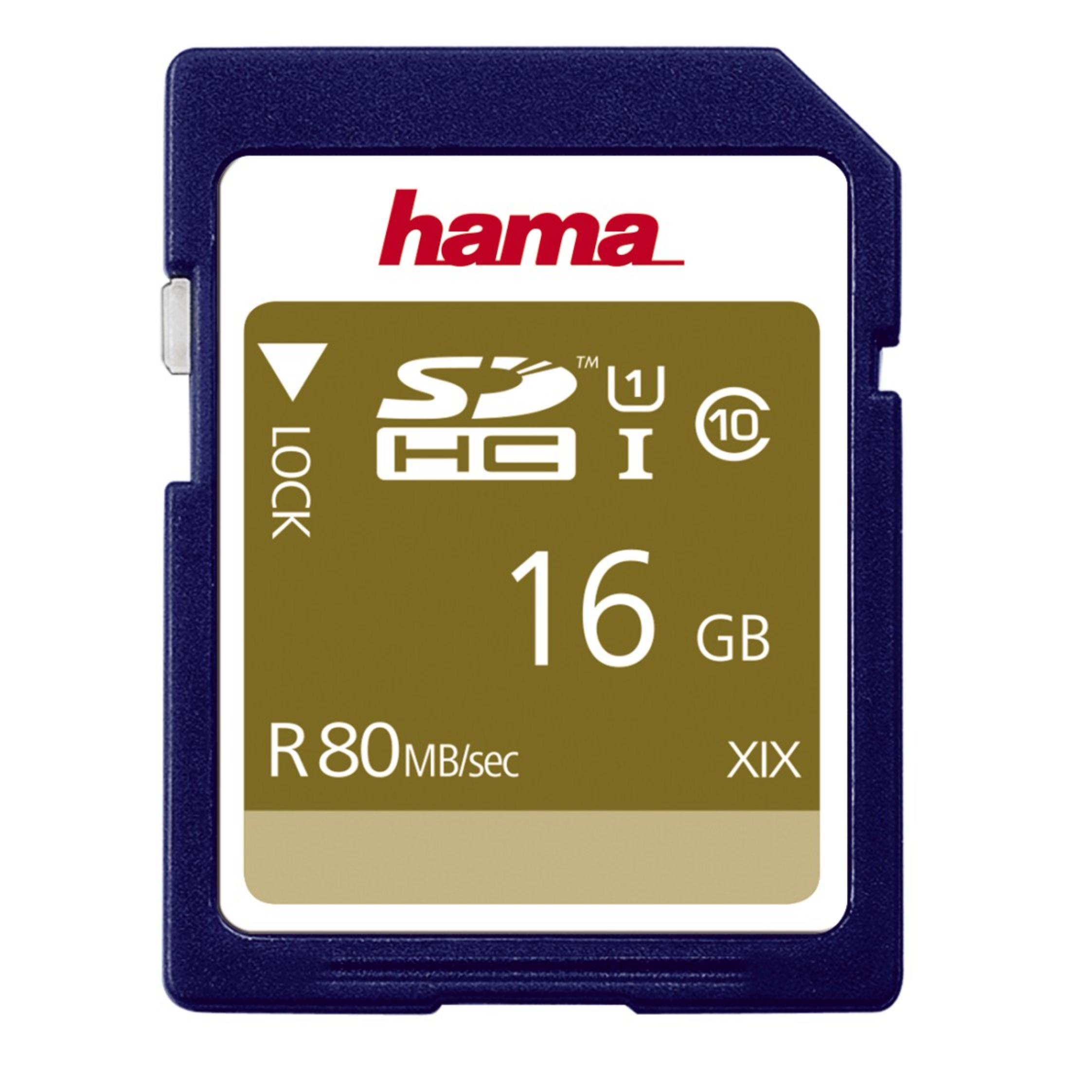 Carte SDHC Hama bleue 16 Go, vitesse de lecture 80 Mo/s.