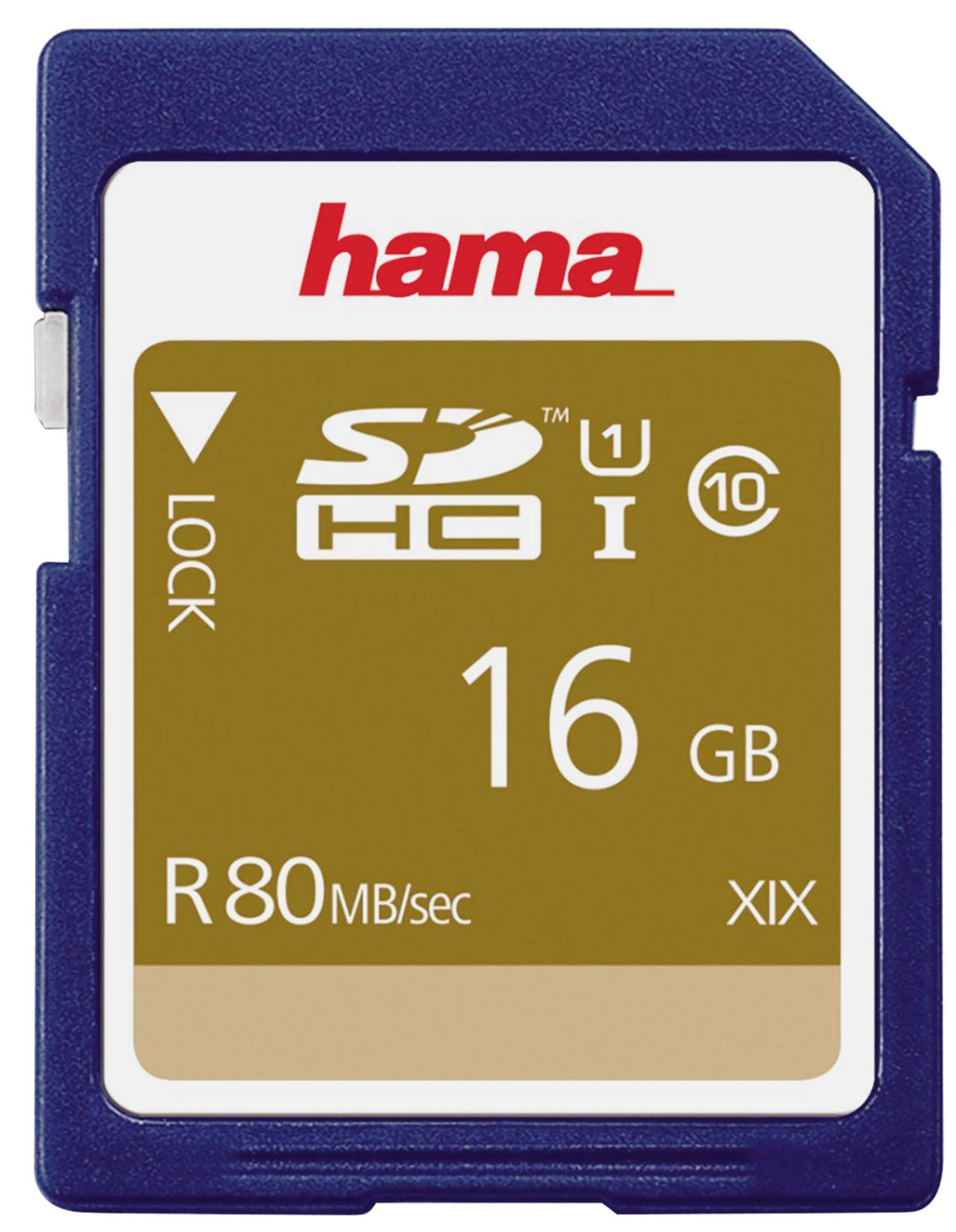 Carte mémoire Hama SDHC bleue 16 Go, 80 Mo/sec en lecture.