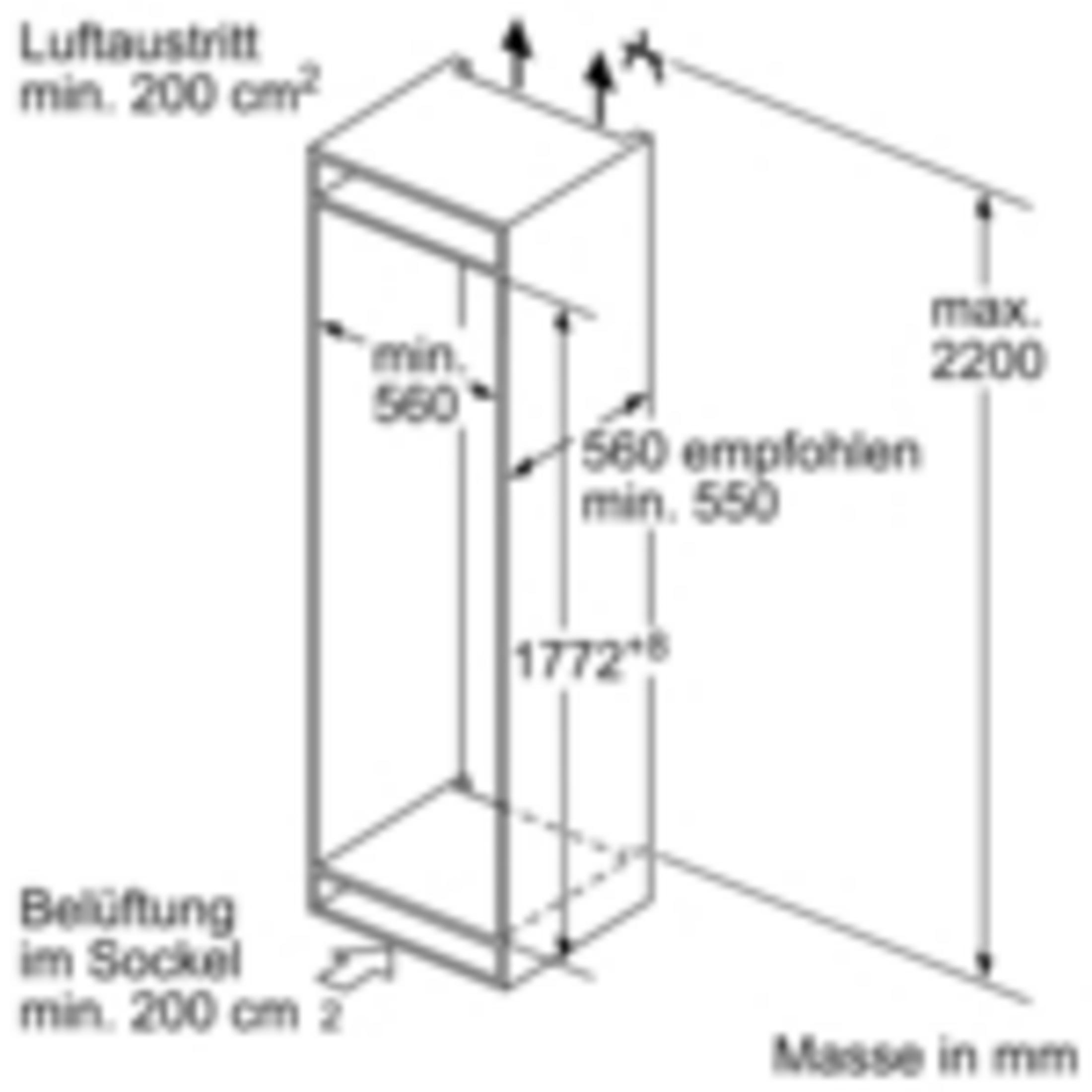 Disegno tecnico di un mobile con dimensioni e dettagli di ventilazione.
