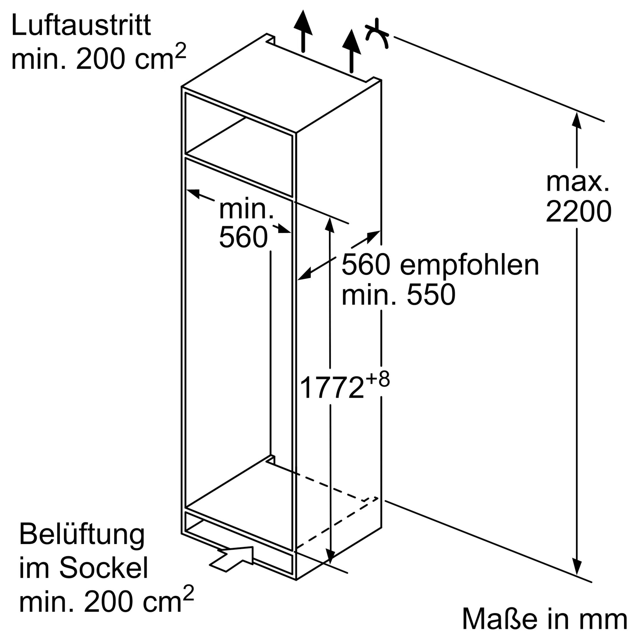 Disegno tecnico di un mobile con dimensioni e dettagli di ventilazione.