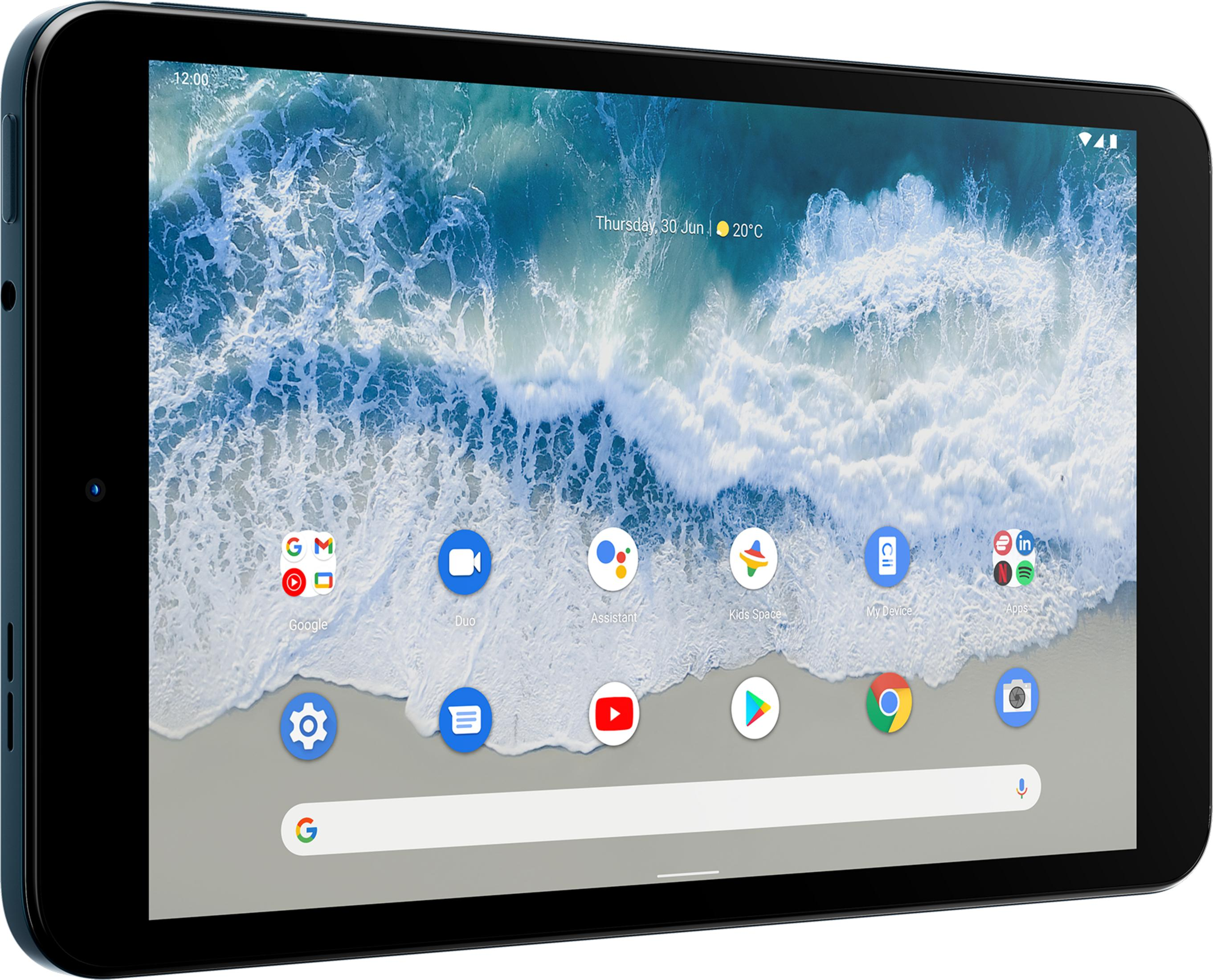 Tablet con sfondo oceano, mostra 12:00, gio 30 giu, 20°C.