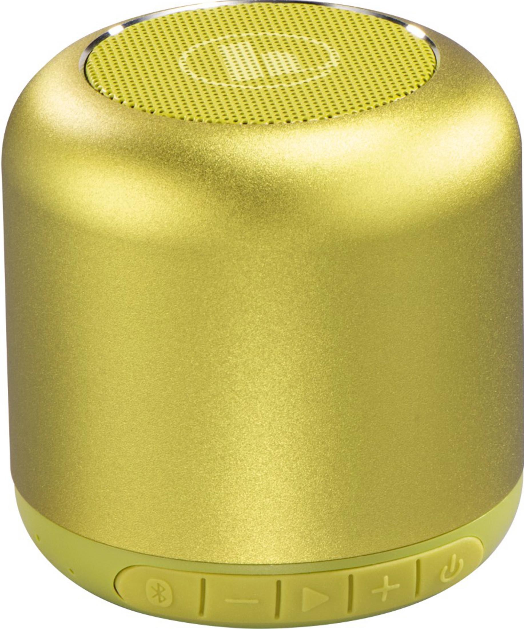Kompaktowy, złoty głośnik Bluetooth z żółtym wierzchem i przyciskami.