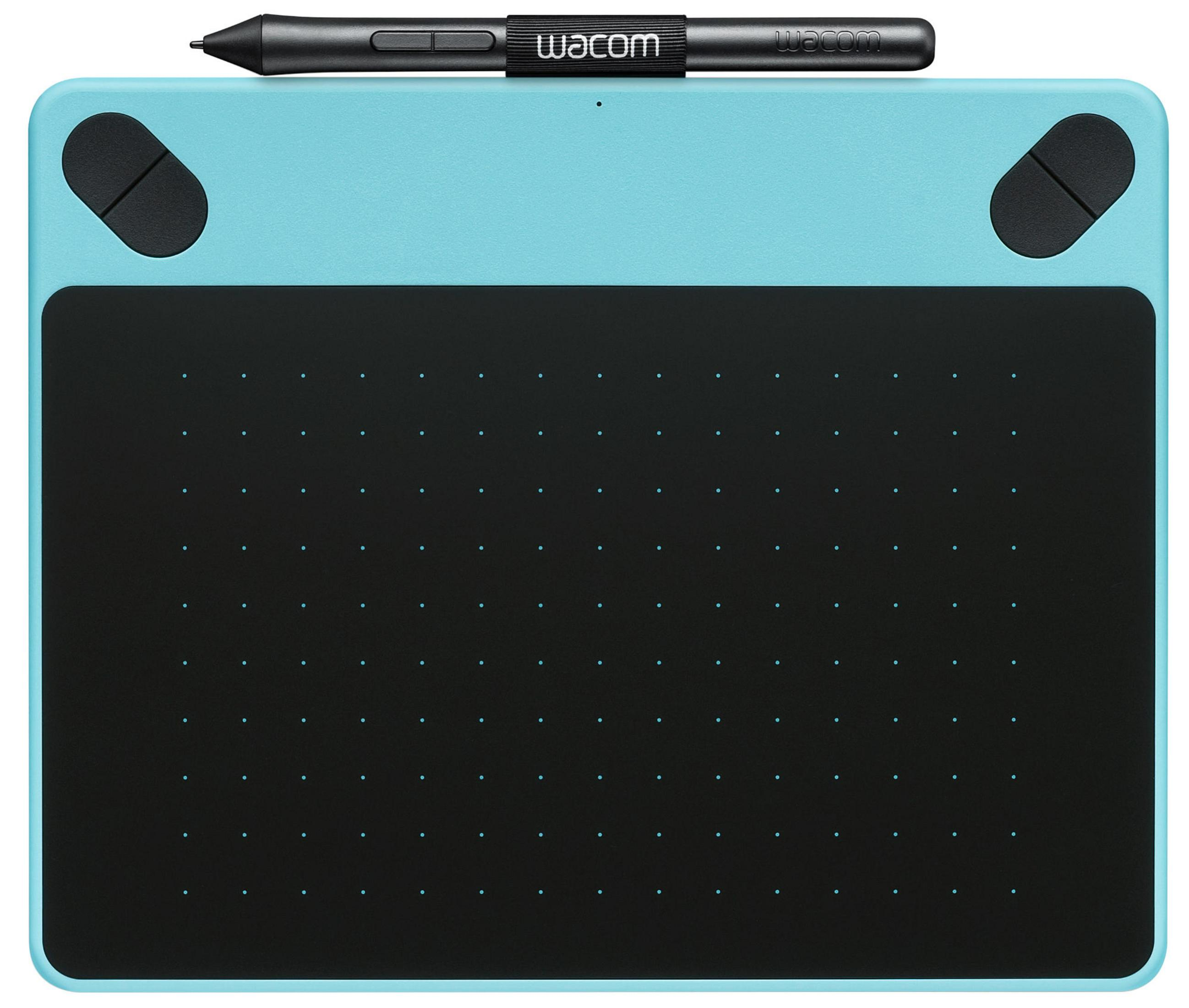 Ein blauer Grafiktablett-Stift liegt oben auf einem blau-schwarzen Wacom-Tablett.