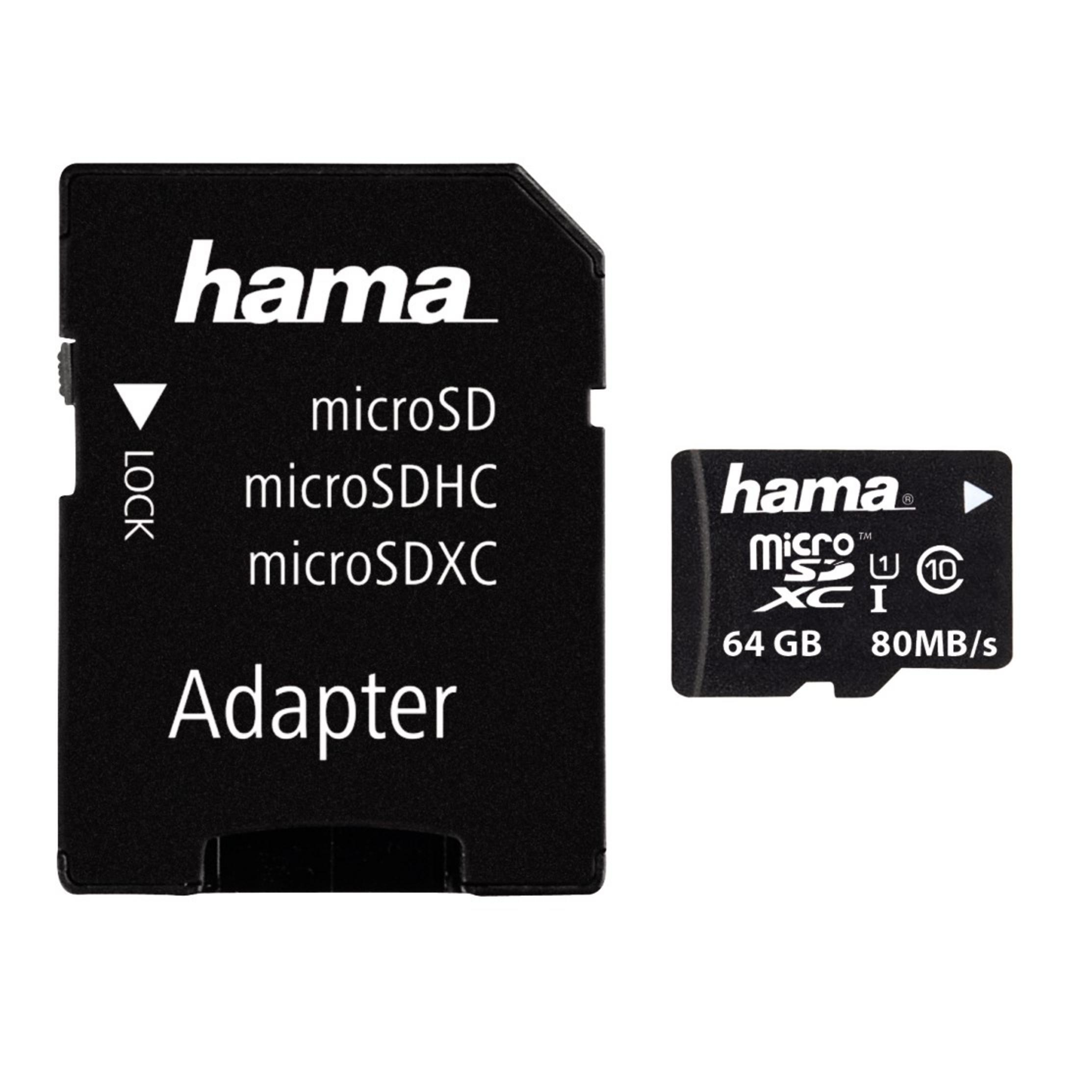 Czarny adapter Hama z napisami microSD, microSDHC, microSDXC. Karta microSD 64 GB.