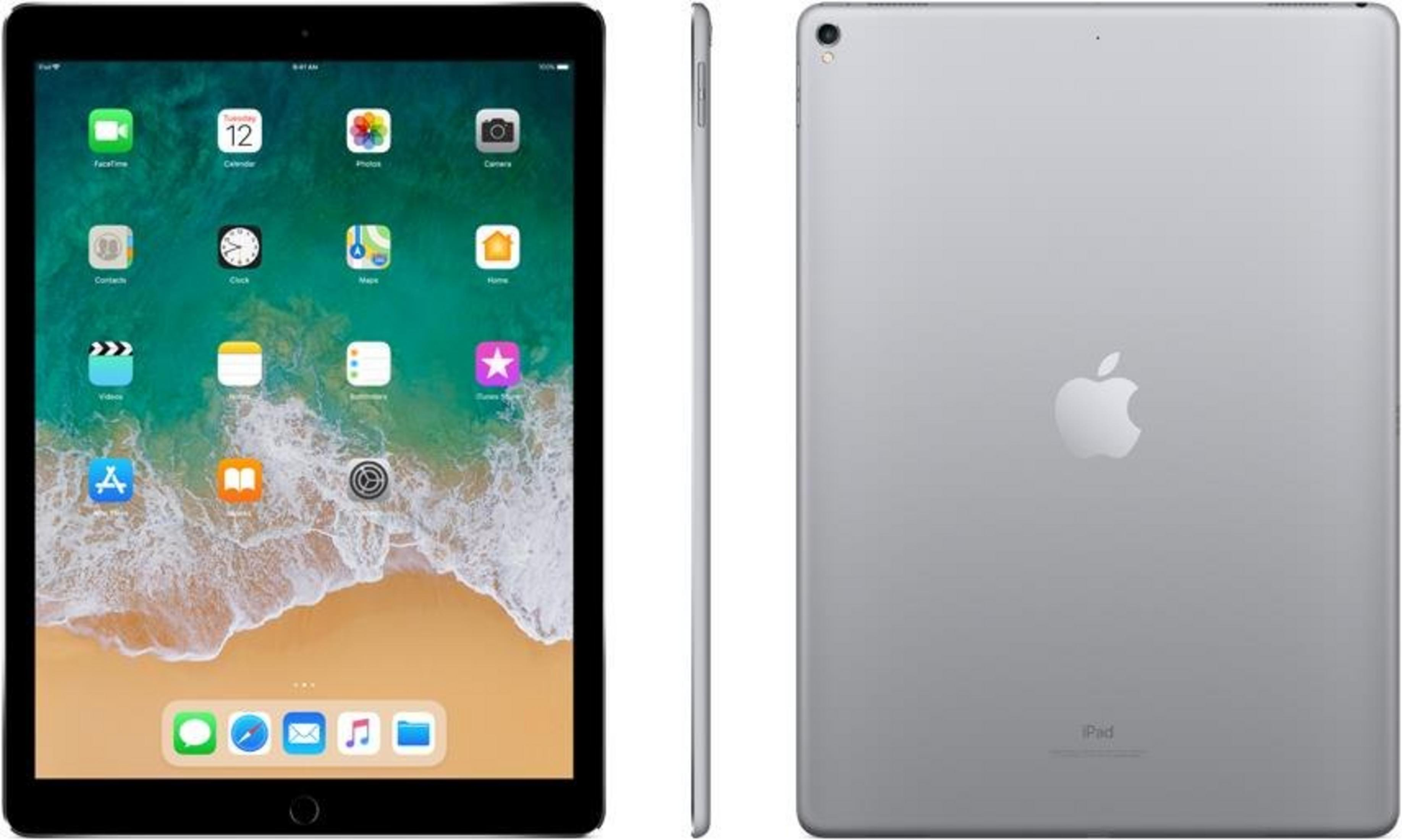 Un iPad Pro argentato con app sullo schermo e logo Apple sul retro.