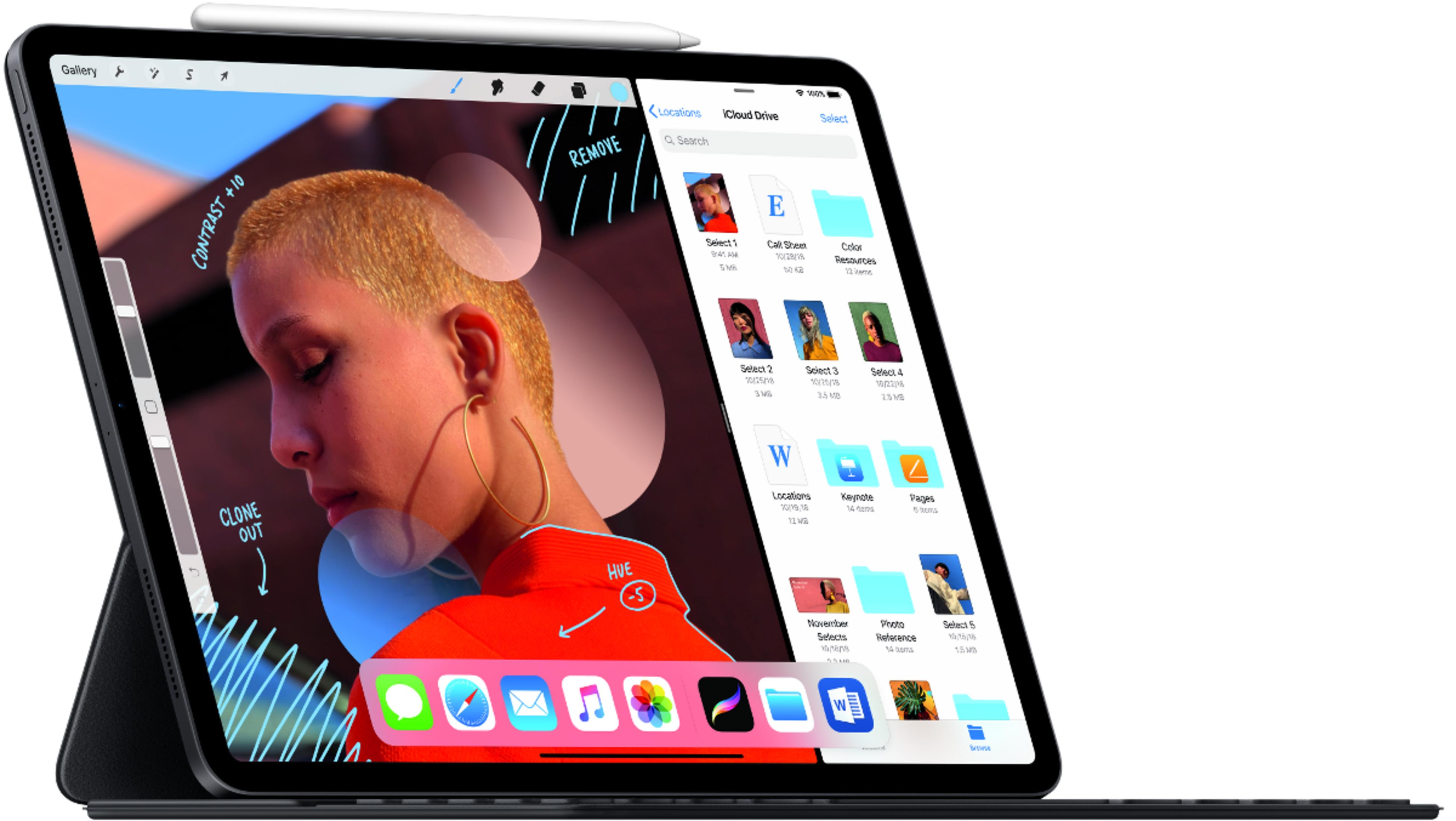Een iPad Pro toont een bewerkingsapp met een portret en tools.