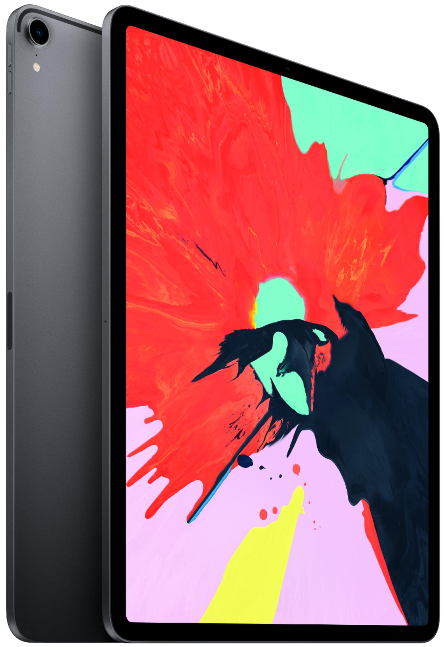 Een donkere tablet staat met het scherm naar voren, met een abstracte rode en zwarte afbeelding.