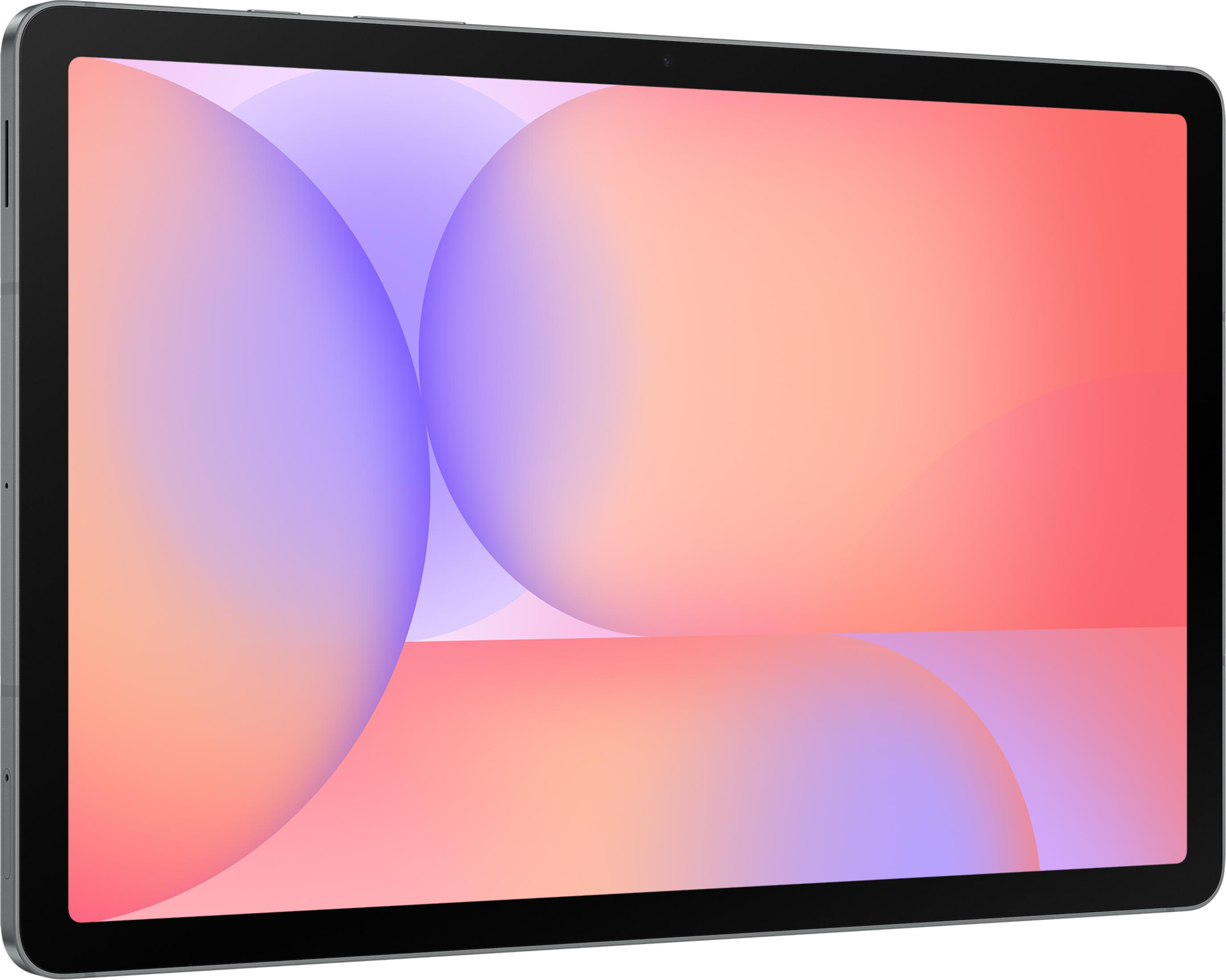 Szary tablet wyświetlający gradient fioletu i pomarańczy na ekranie.