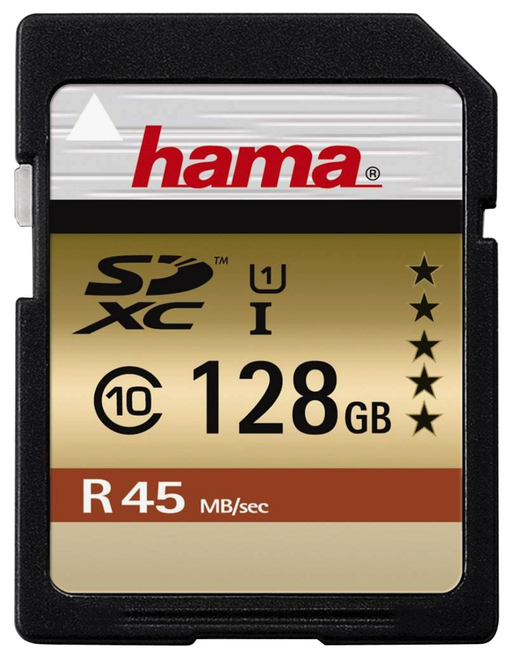 Hama SDXC Speicherkarte, 128 GB, Klasse 10, Lesegeschwindigkeit 45 MB/s.