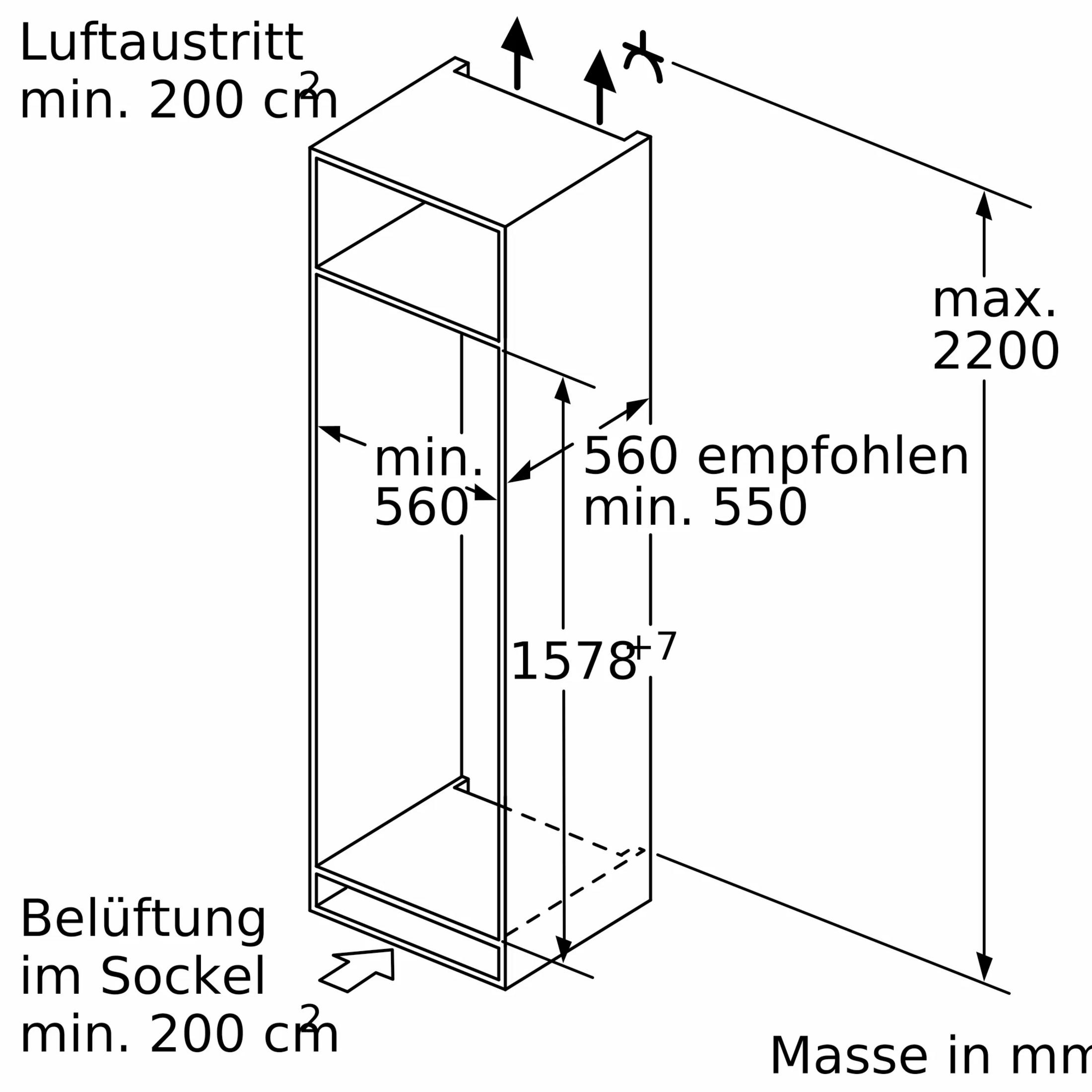 Disegno tecnico di un mobile con dimensioni, dati di ventilazione e frecce.