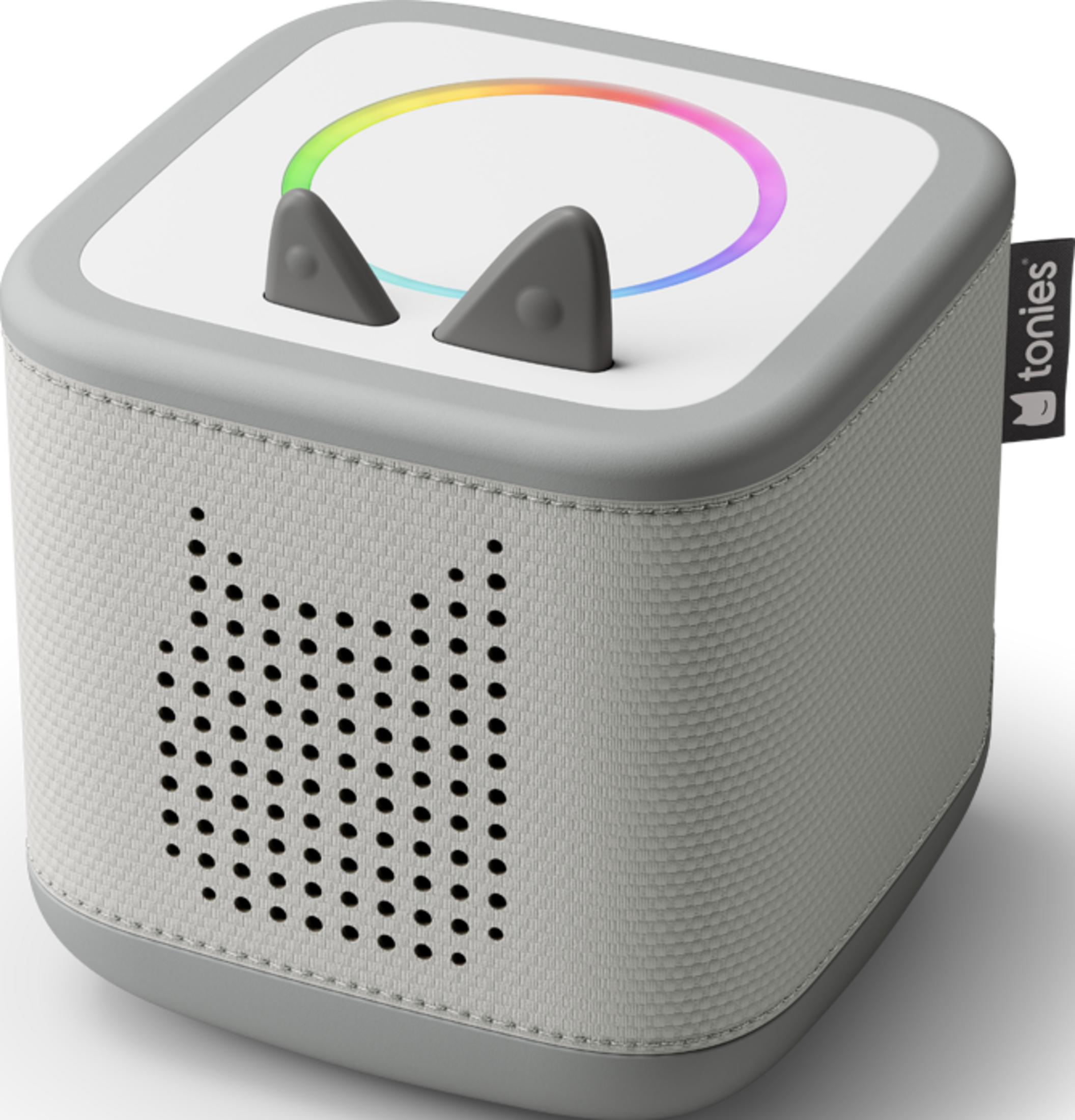 Cubo gris con orejas, altavoz y anillo de luz de color.