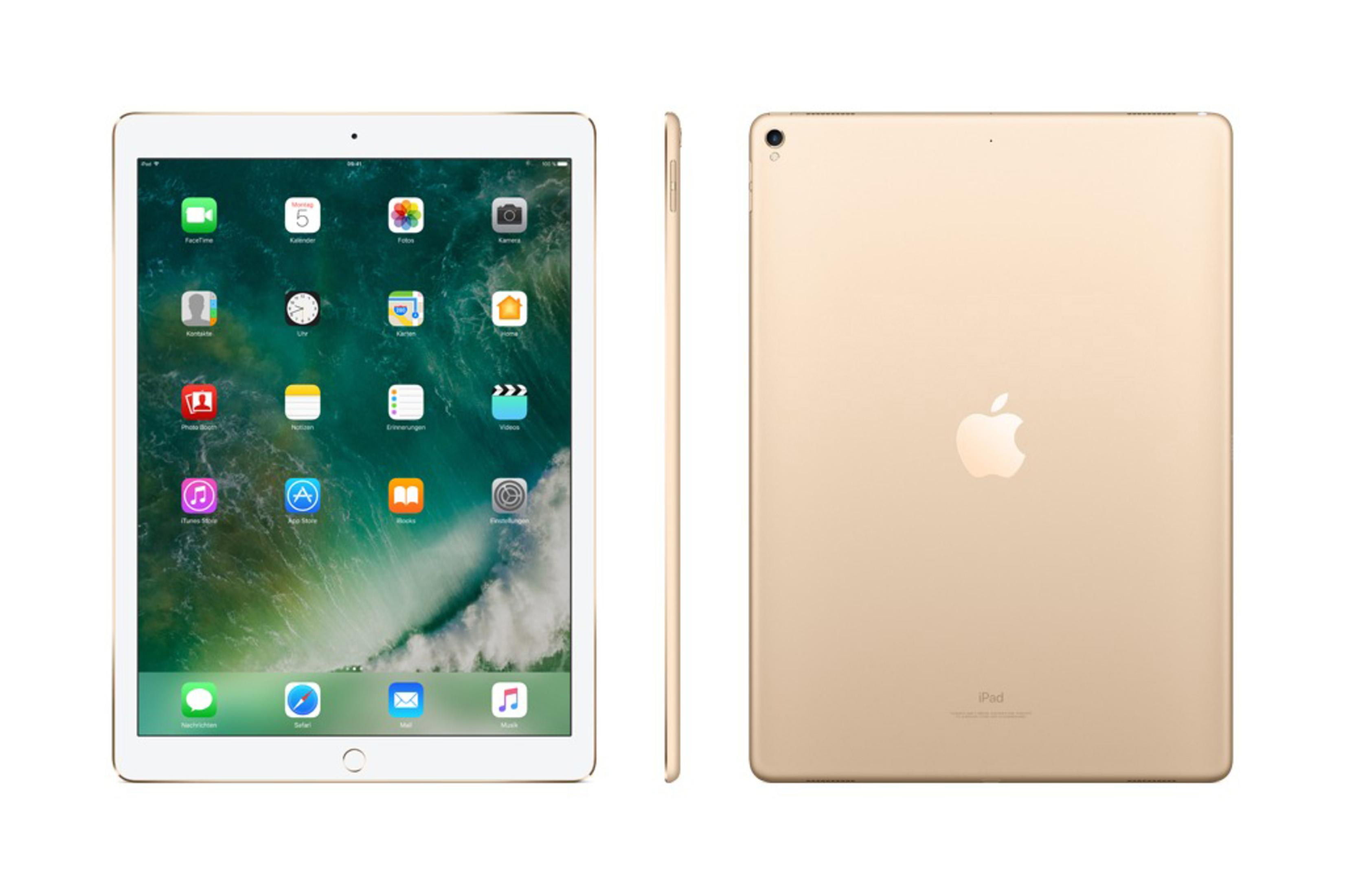 Goldenes iPad mit geöffneter App-Oberfläche und Rückseite.