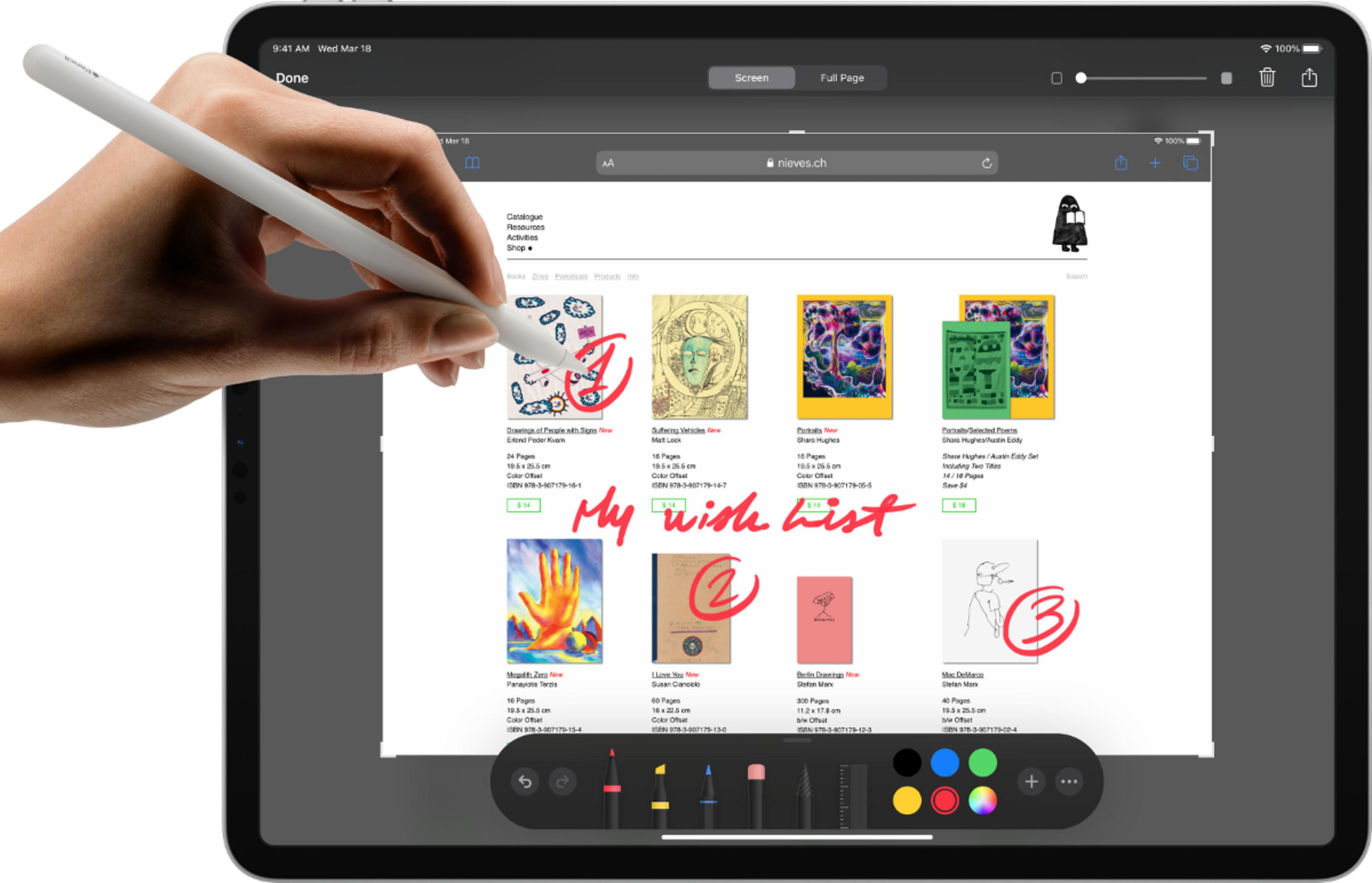 Eine Hand benutzt einen Stift auf einem Tablet, das eine Website mit Büchern anzeigt.