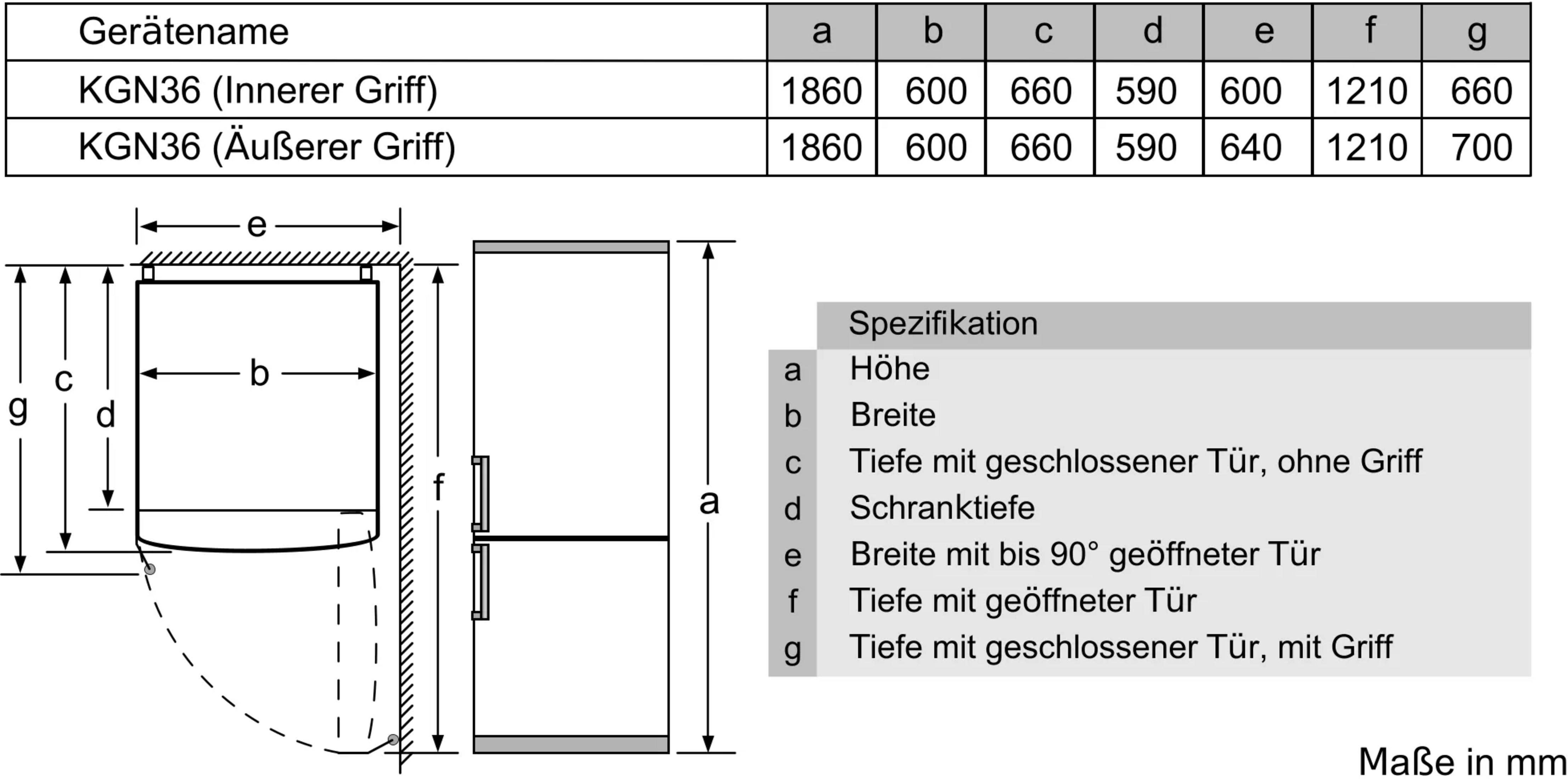 Disegno tecnico di un frigorifero con dimensioni e specifiche.