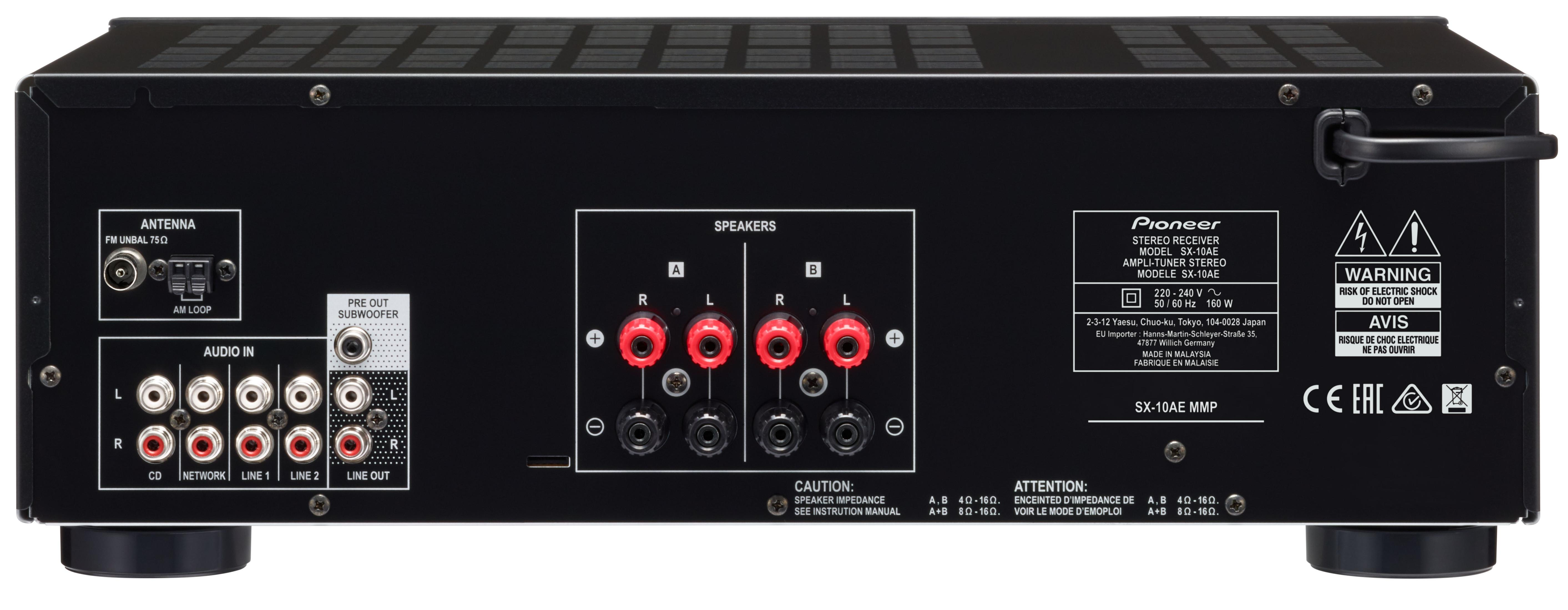 Rückseite eines Pioneer SX-10AE Stereoverstärkers mit Anschlüssen.