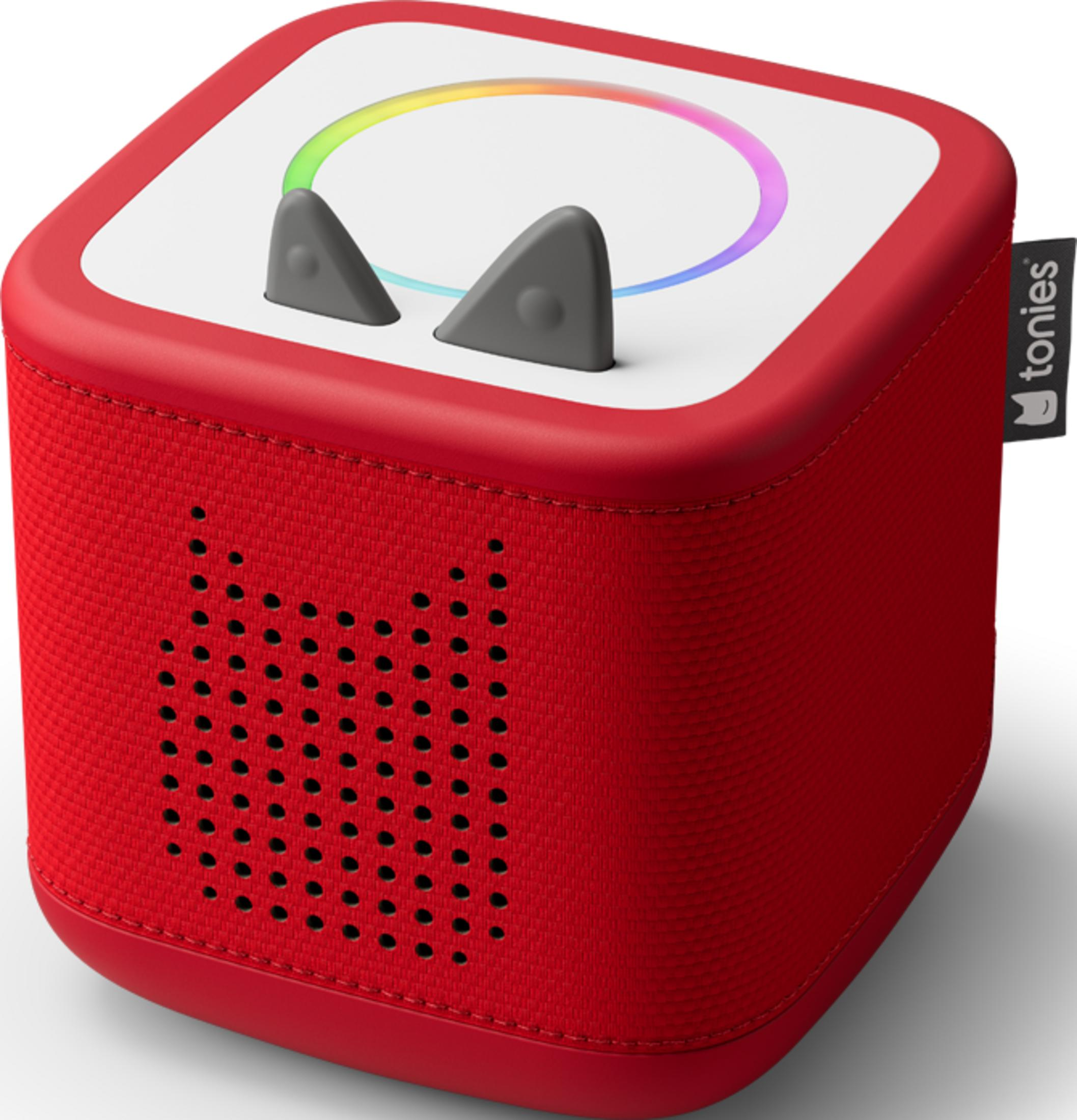 Haut-parleur cube rouge avec oreilles et lumière arc-en-ciel.