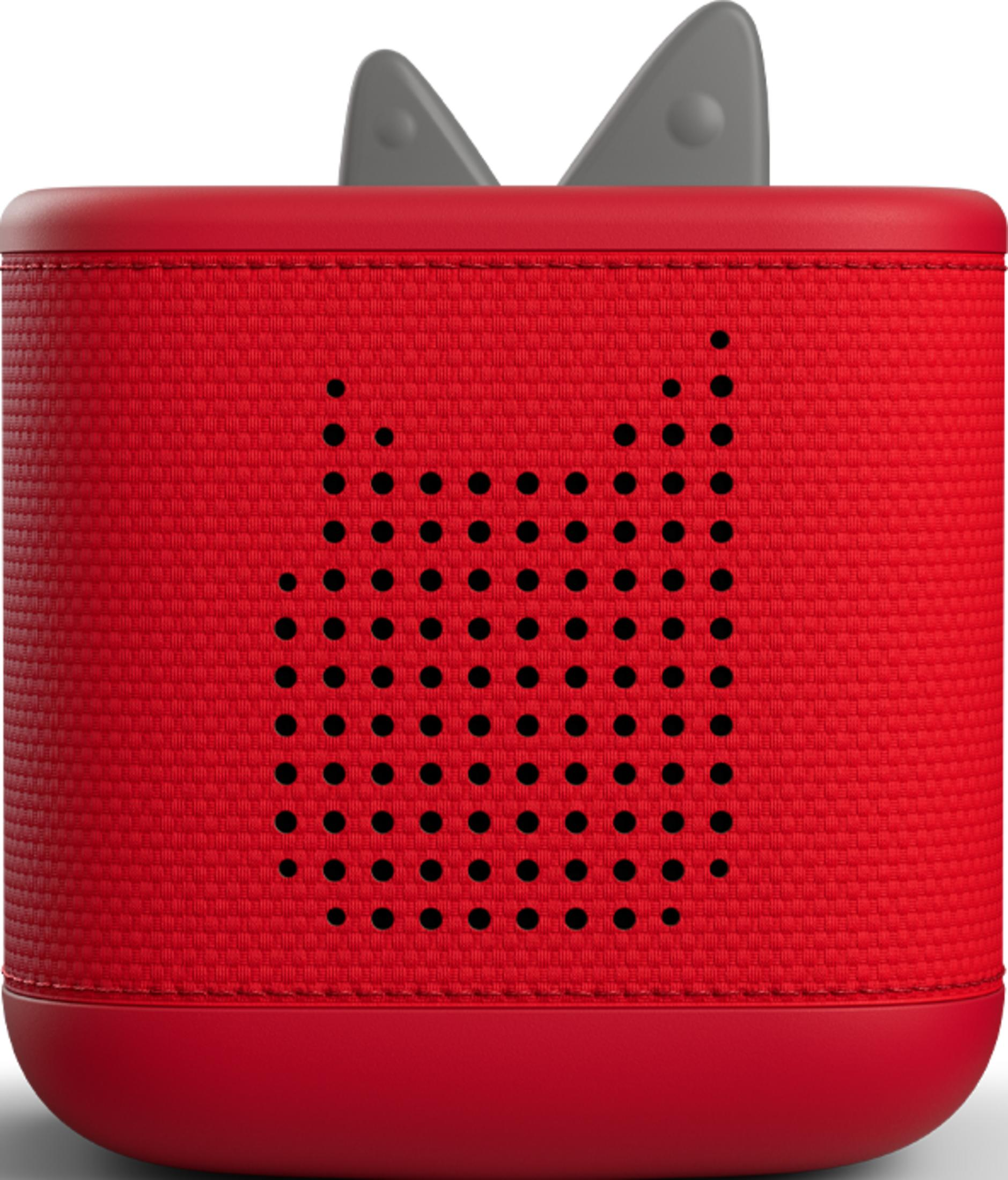 Enceinte rouge avec oreilles grises et motif à pois.