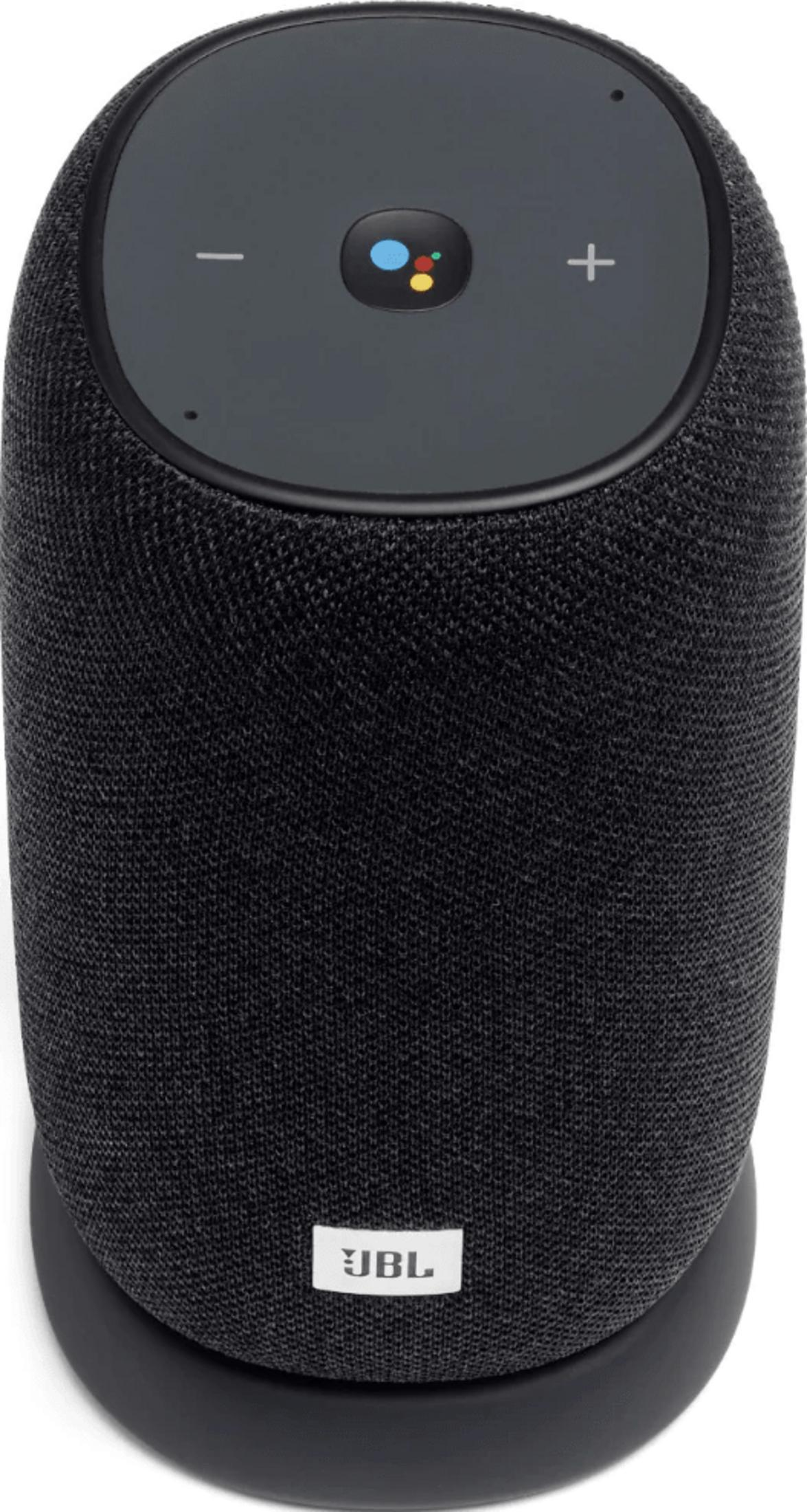 Altavoz inteligente JBL negro con logo de Google Assistant arriba.